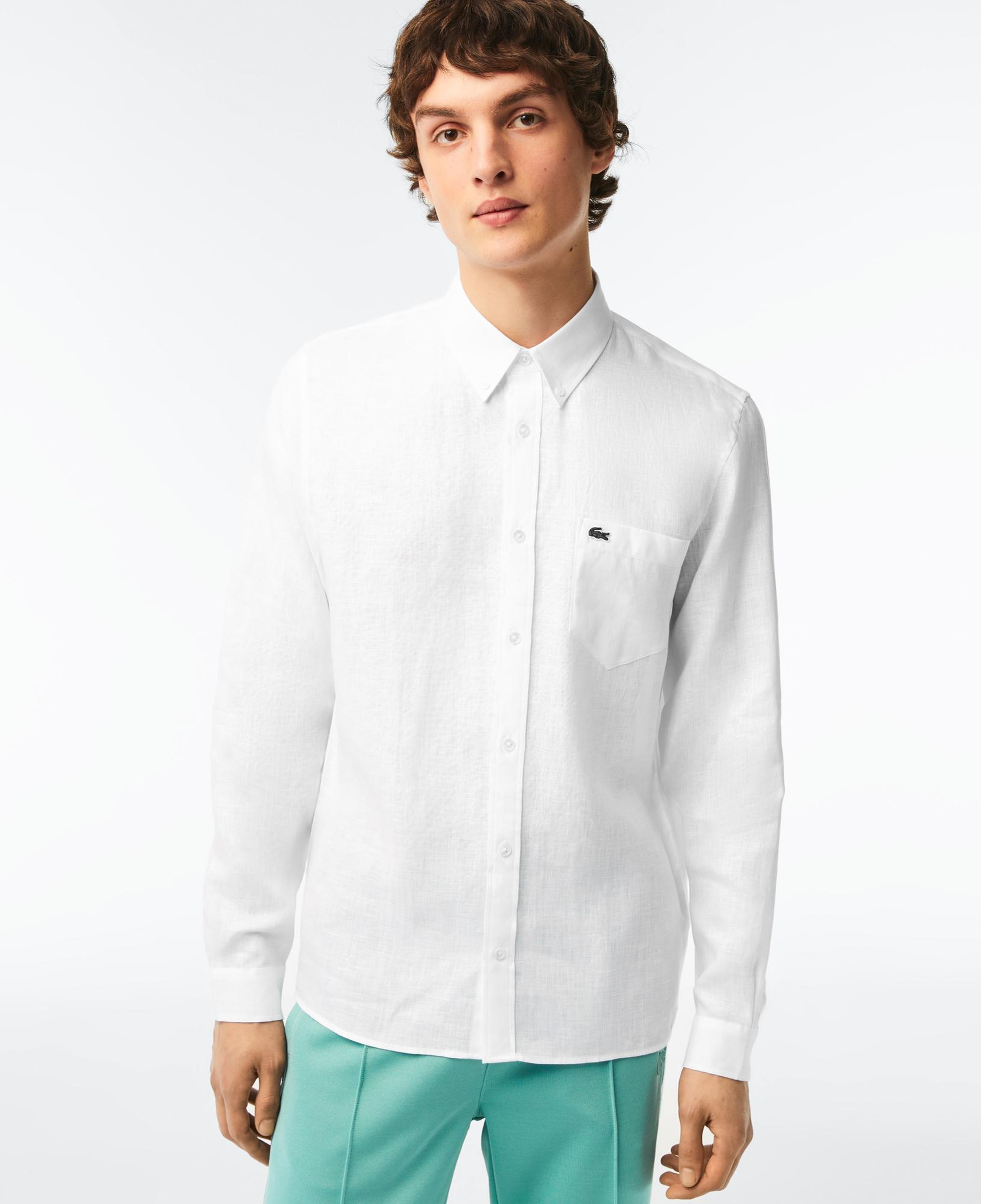 Lacoste Erkek Regular Fit Düğmeli Yaka Keten Beyaz Gömlek