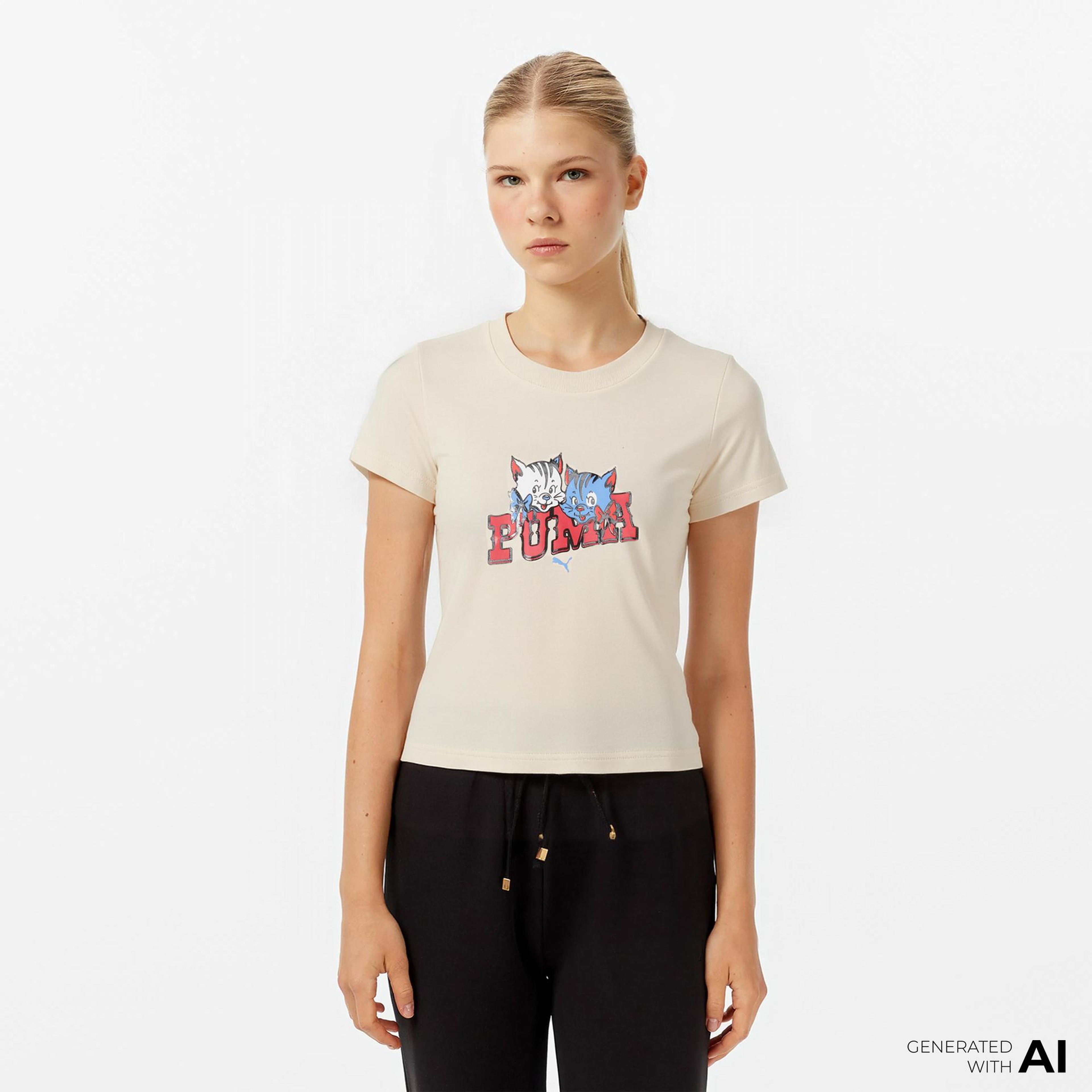 Puma Graphic Kitten Baby Kadın Krem T-Shirt