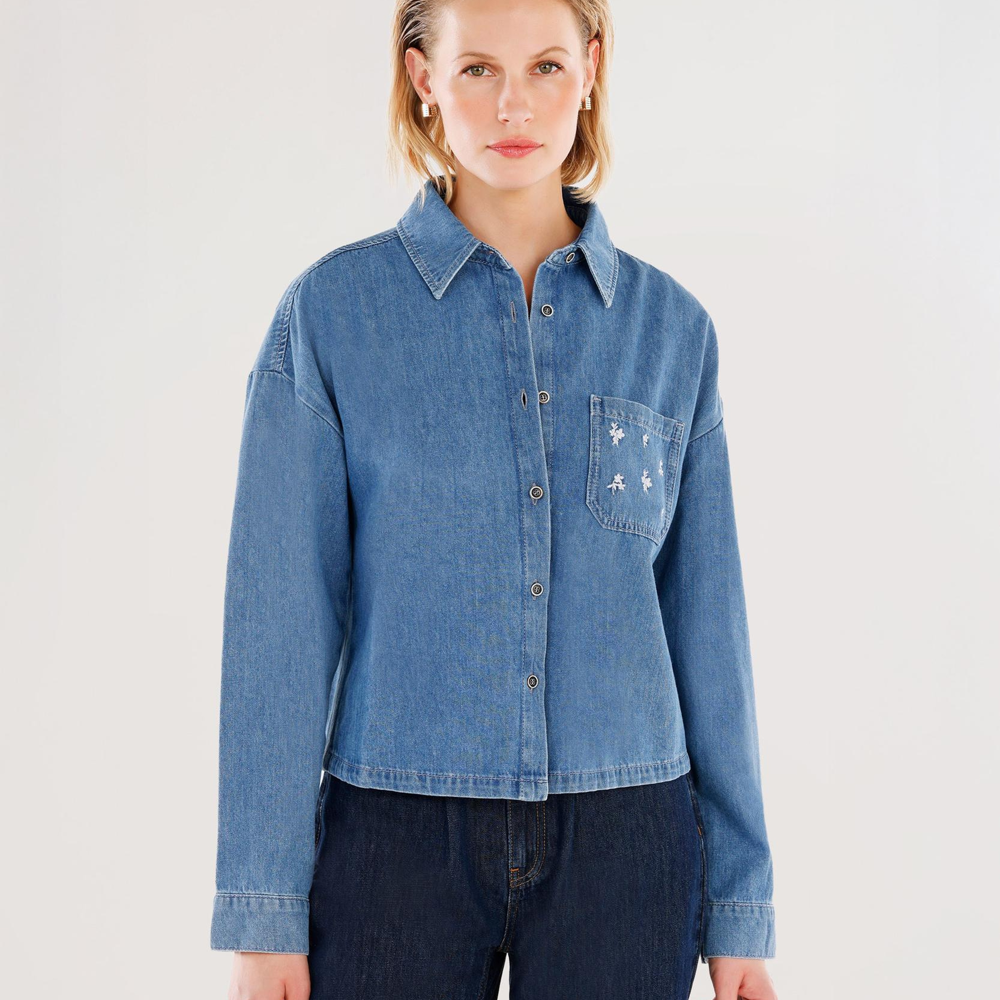 YARGICI Nakışlı Detaylı Uzun Kollu Denim Gömlek