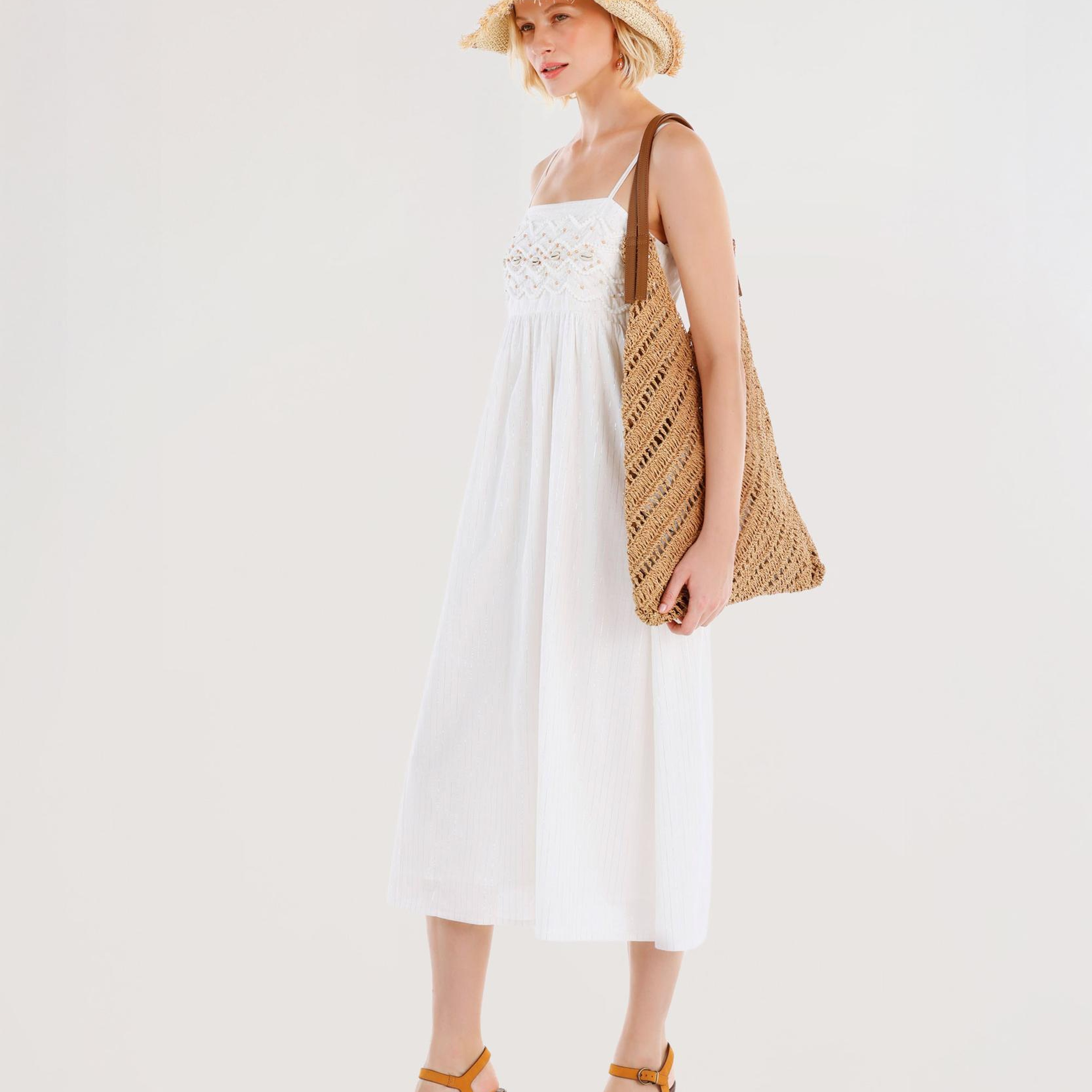 YARGICI Boncuk İşlemeli Askılı Uzun Elbise