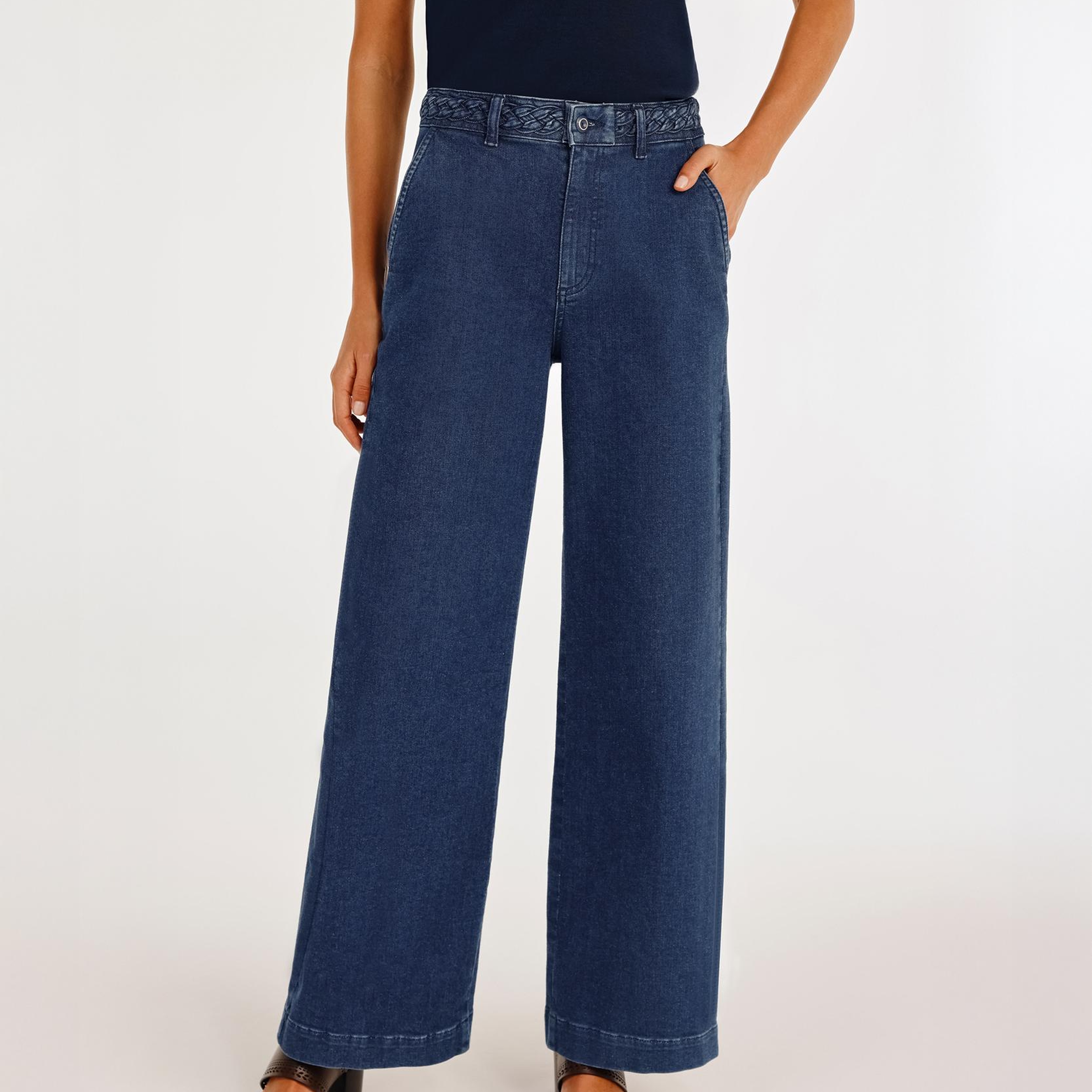 YARGICI Örgü Kemer Detaylı Yüksek Bel Geniş Paça Denim Pantolon