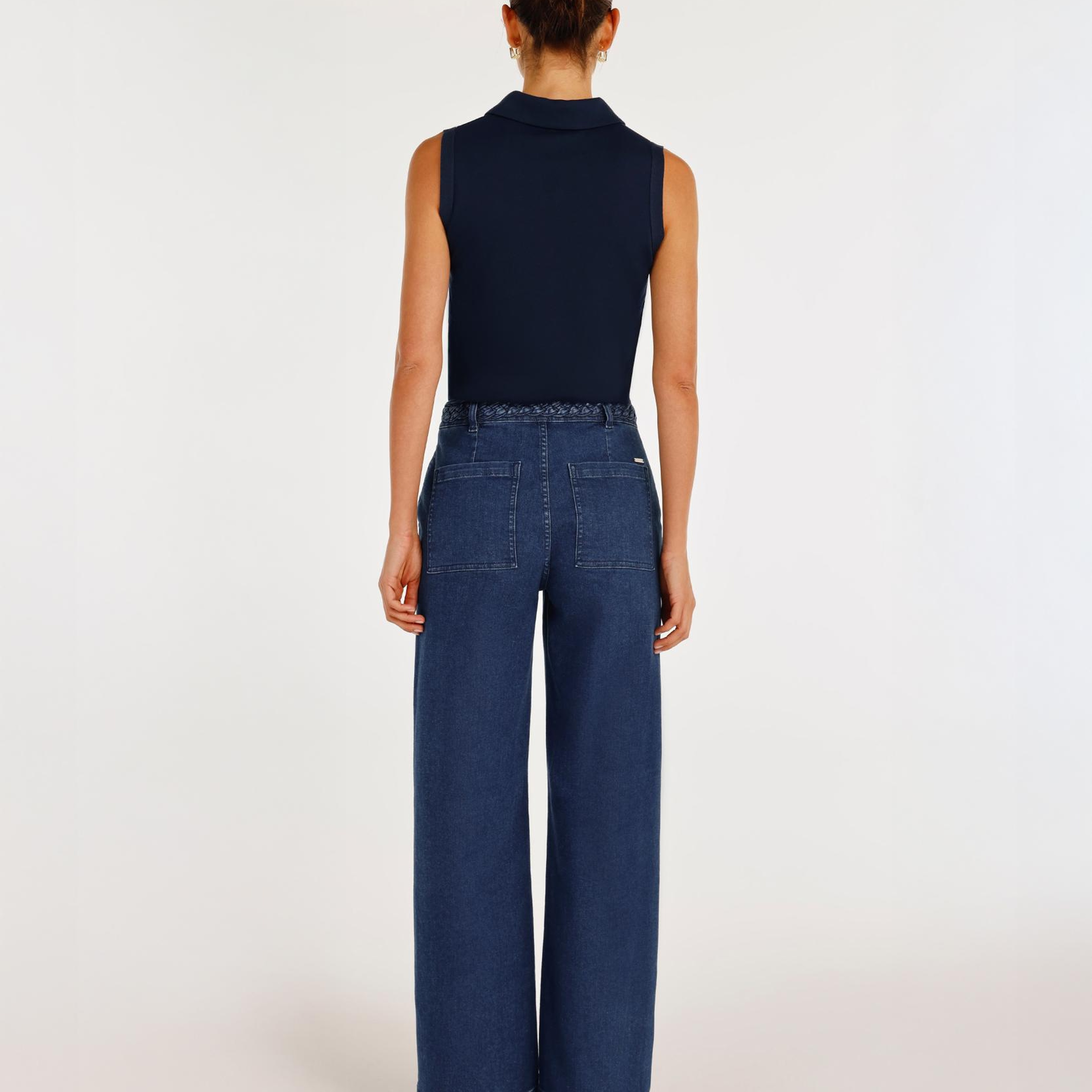 YARGICI Örgü Kemer Detaylı Yüksek Bel Geniş Paça Denim Pantolon