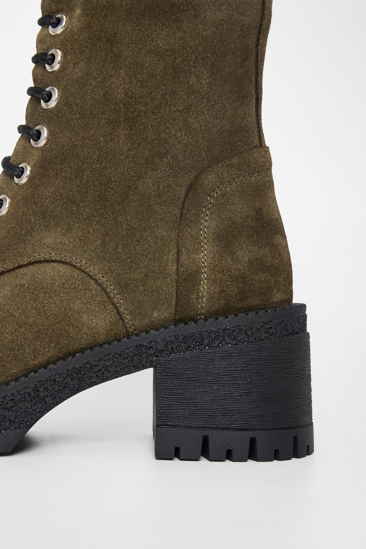 Valmenti Kadın Hakiki Deri Haki Süet Topuklu Bot