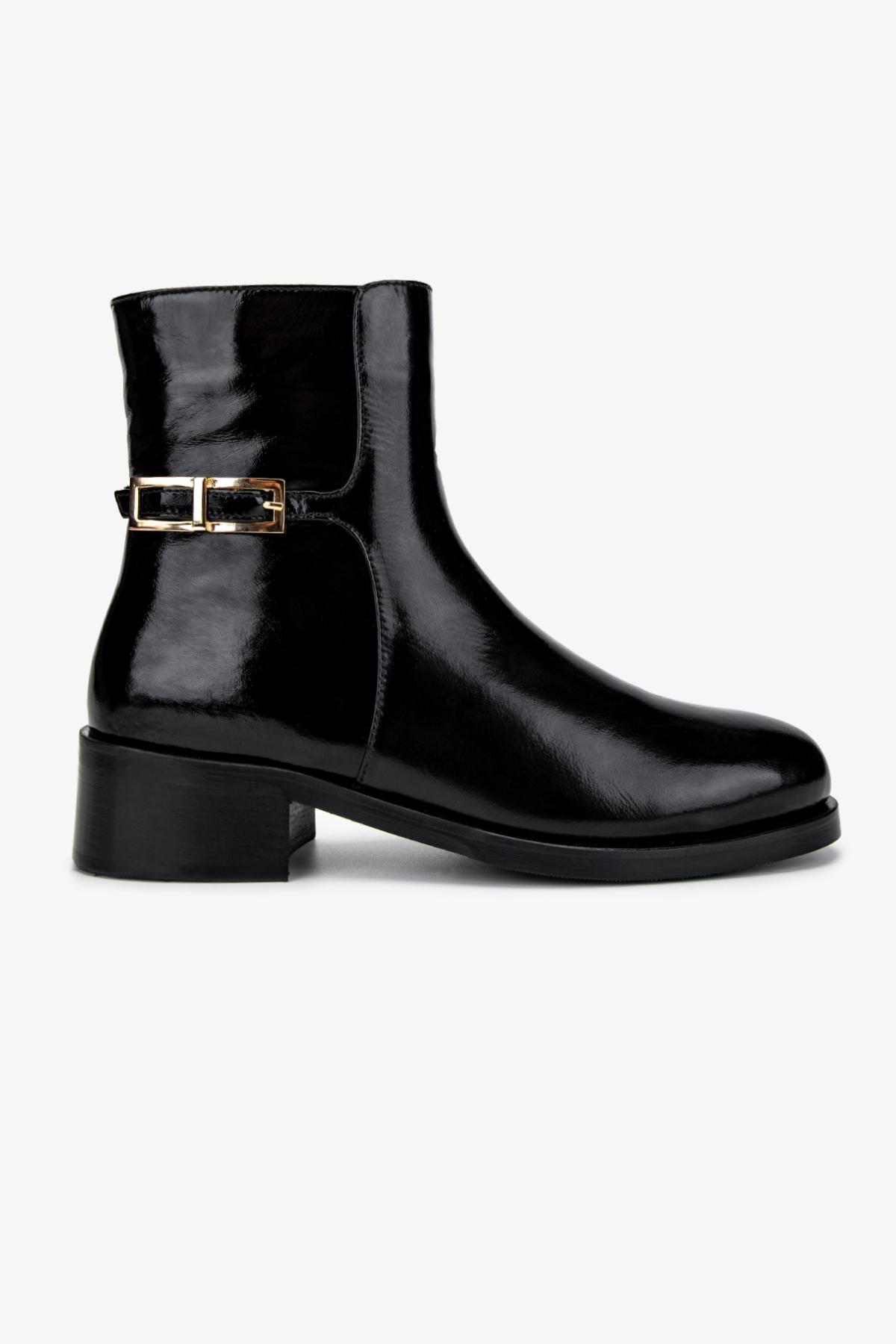 Valmenti Kadın Hakiki Deri Siyah Kırışık Rugan Düz Bot