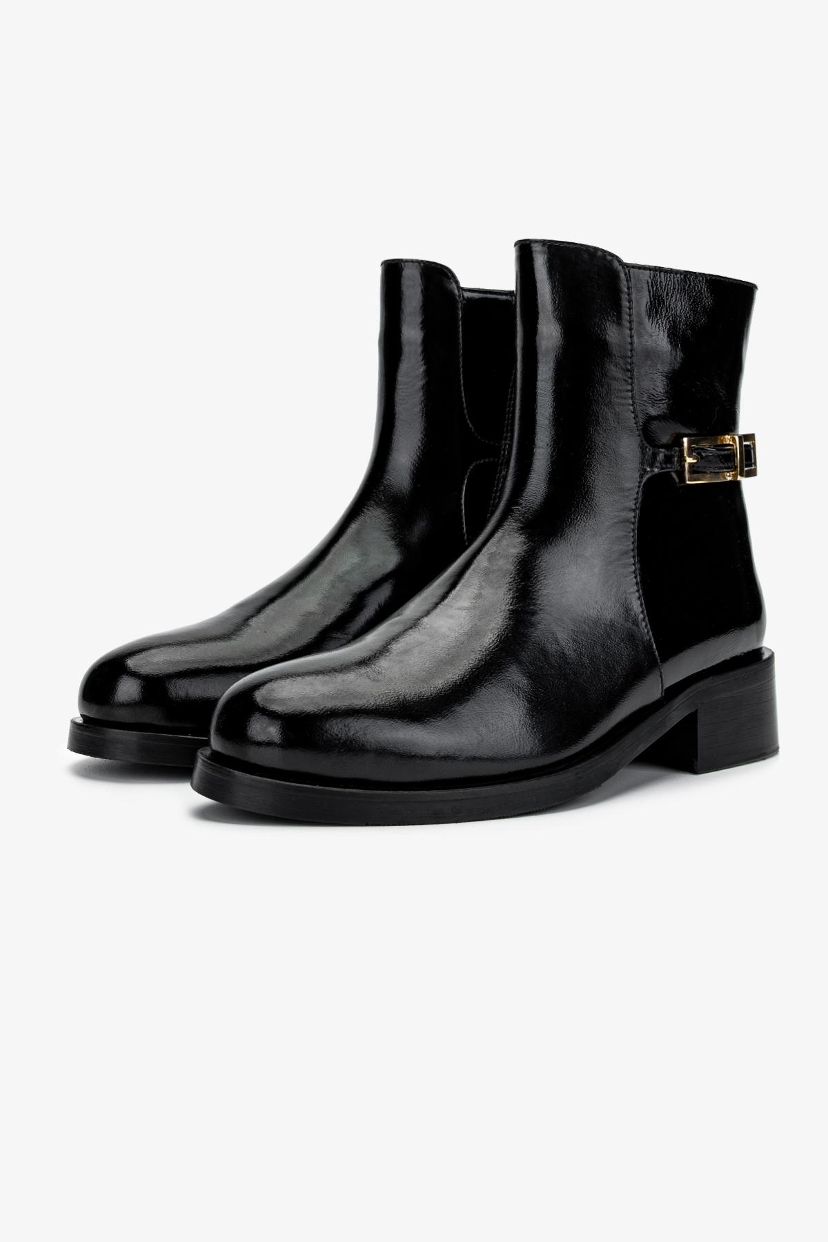 Valmenti Kadın Hakiki Deri Siyah Kırışık Rugan Düz Bot