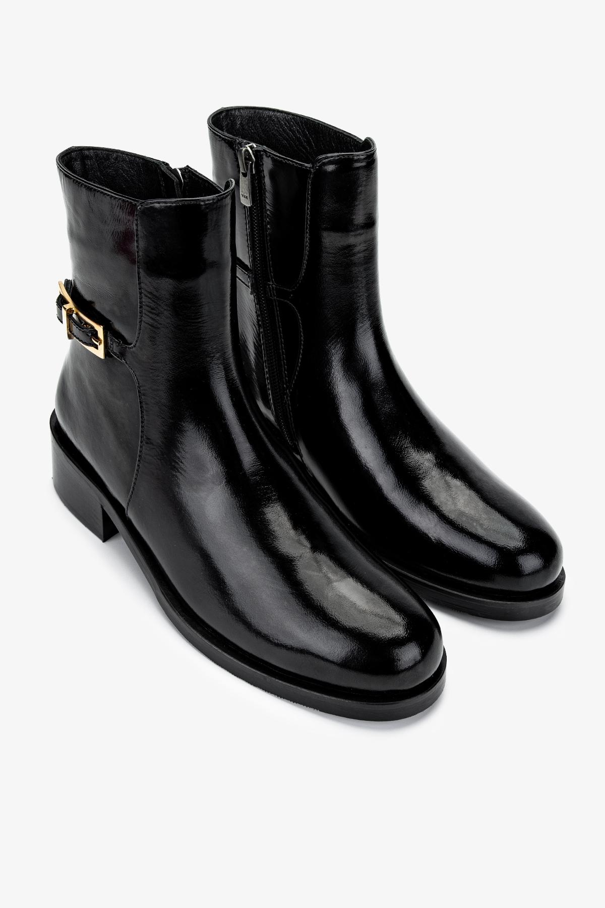 Valmenti Kadın Hakiki Deri Siyah Kırışık Rugan Düz Bot