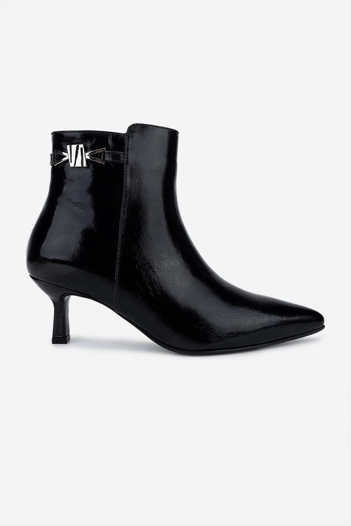 Valmenti Kadın Hakiki Deri Siyah Rugan Topuklu Bot