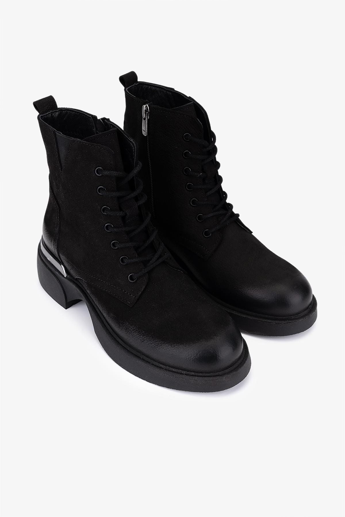 Valmenti Kadın Hakiki Deri Siyah Nubuk Düz Bot