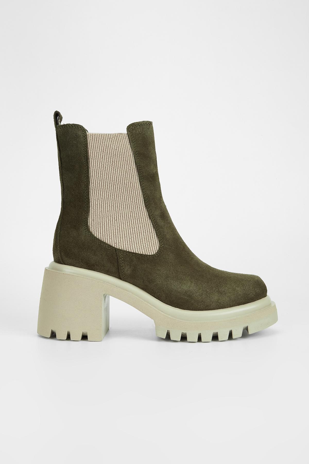 Valmenti Kadın Hakiki Deri Haki Süet Topuklu Bot