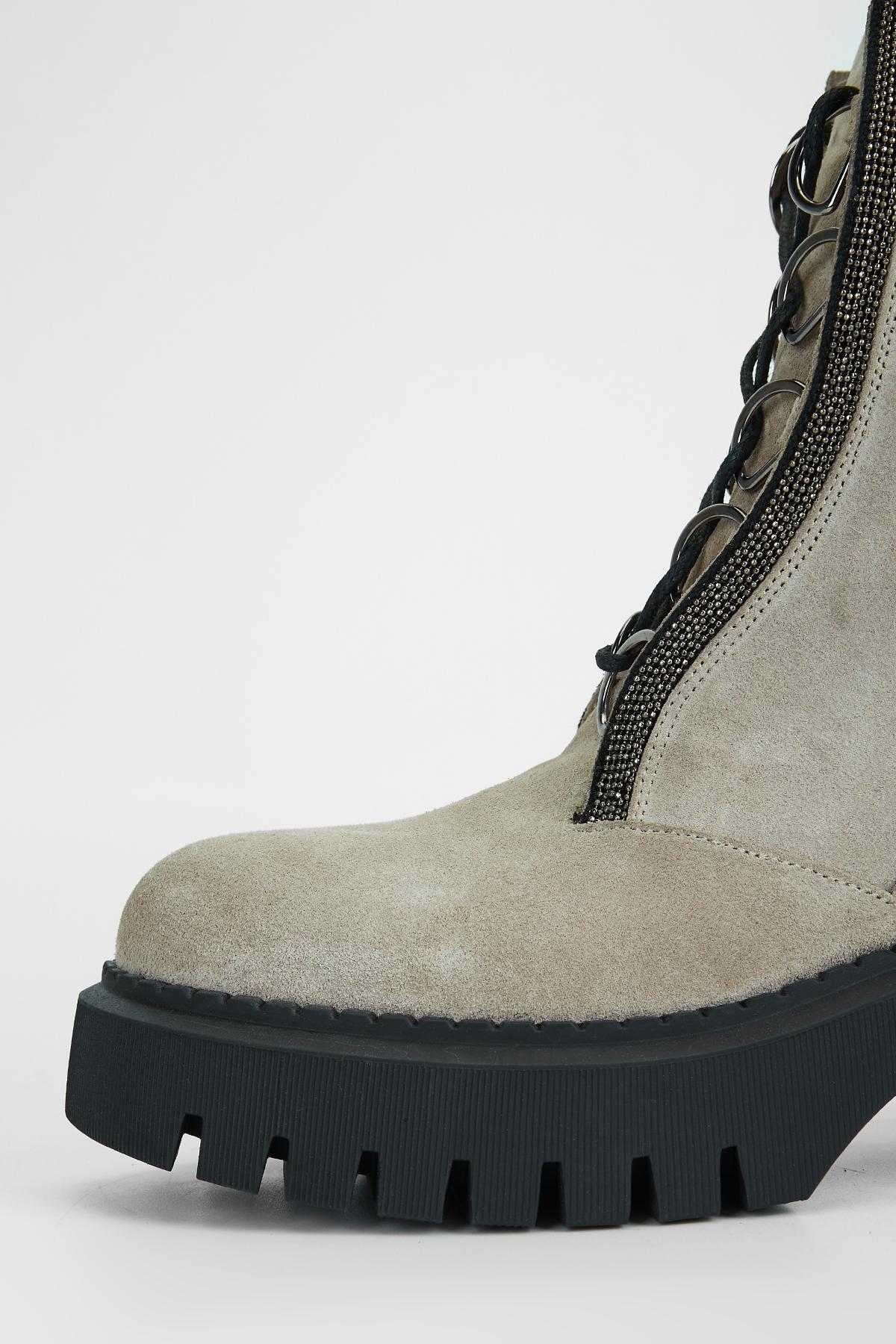 Valmenti Kadın Hakiki Deri Bej Süet Topuklu Bot