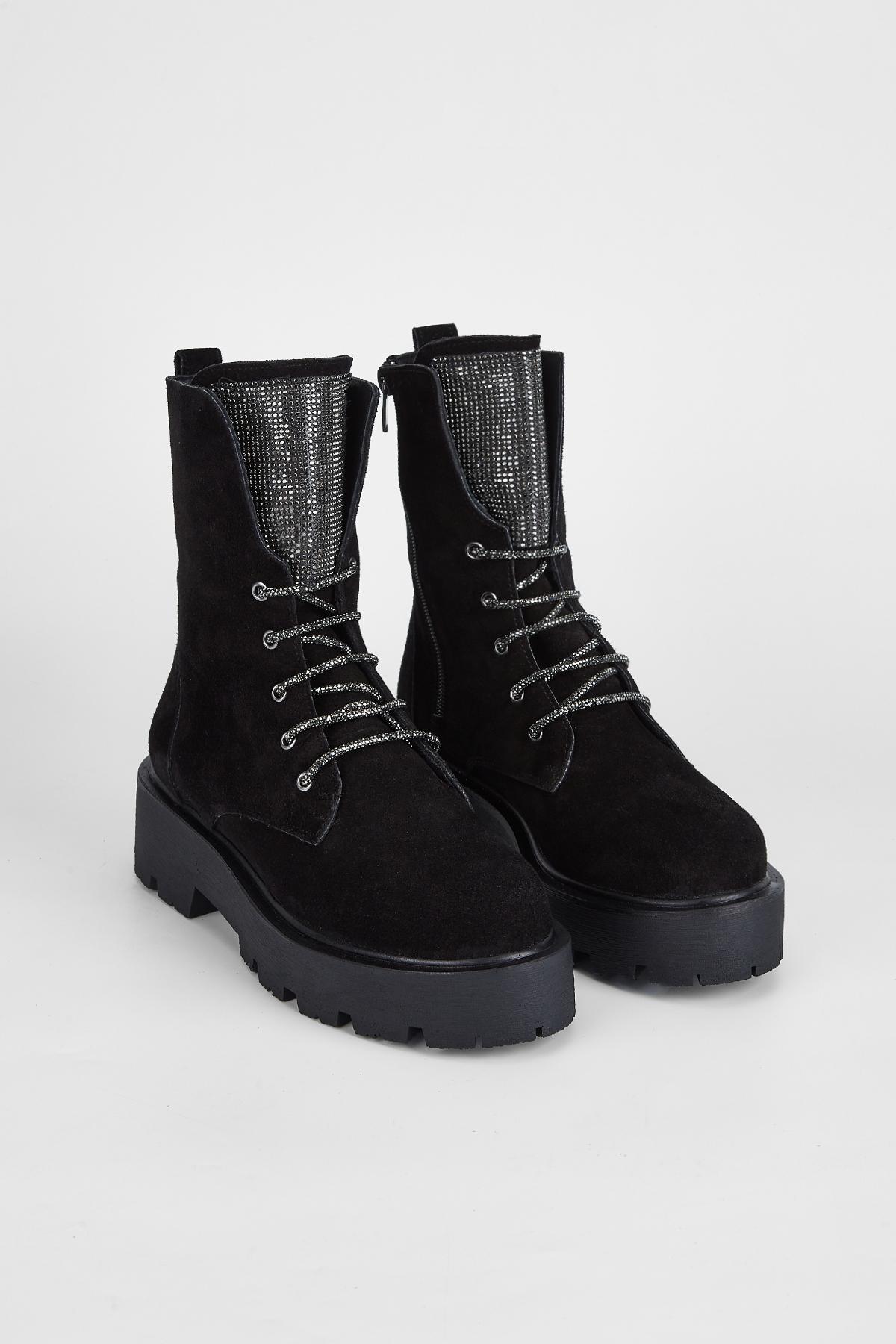 Valmenti Kadın Hakiki Deri Siyah Süet Düz Bot