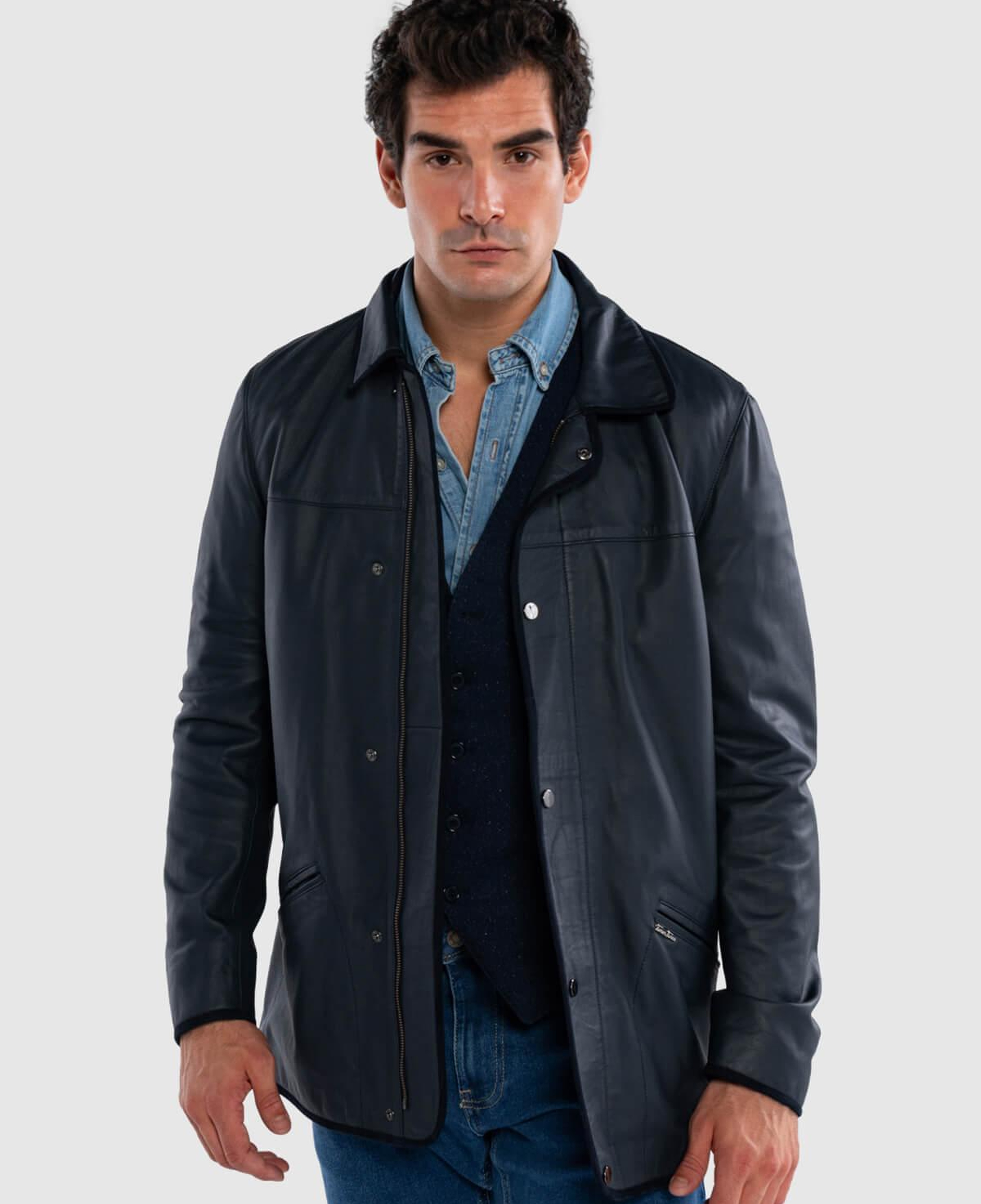 Tamer Tanca Erkek Hakiki Deri Lacivert Deri Mont