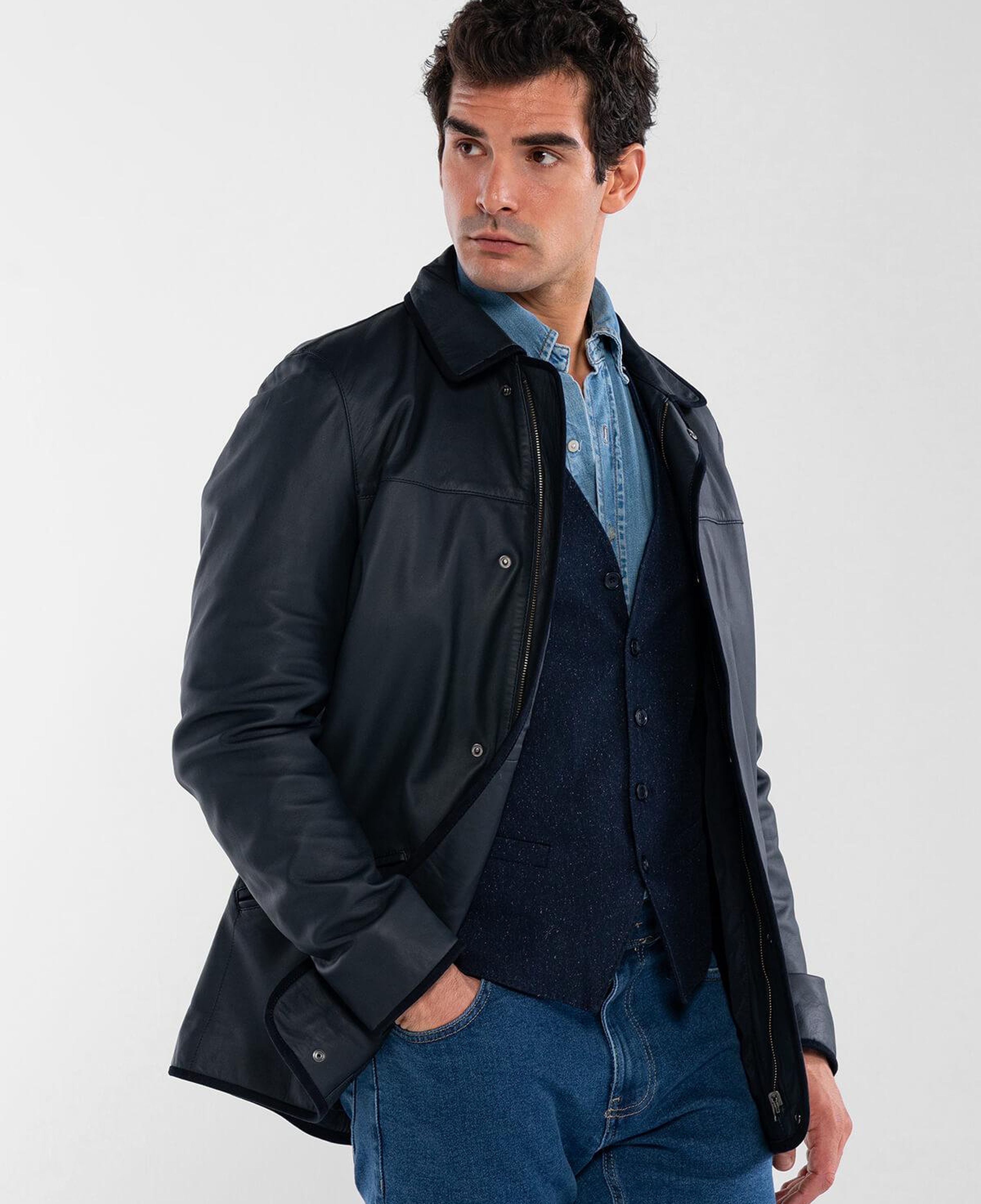 Tamer Tanca Erkek Hakiki Deri Lacivert Deri Mont