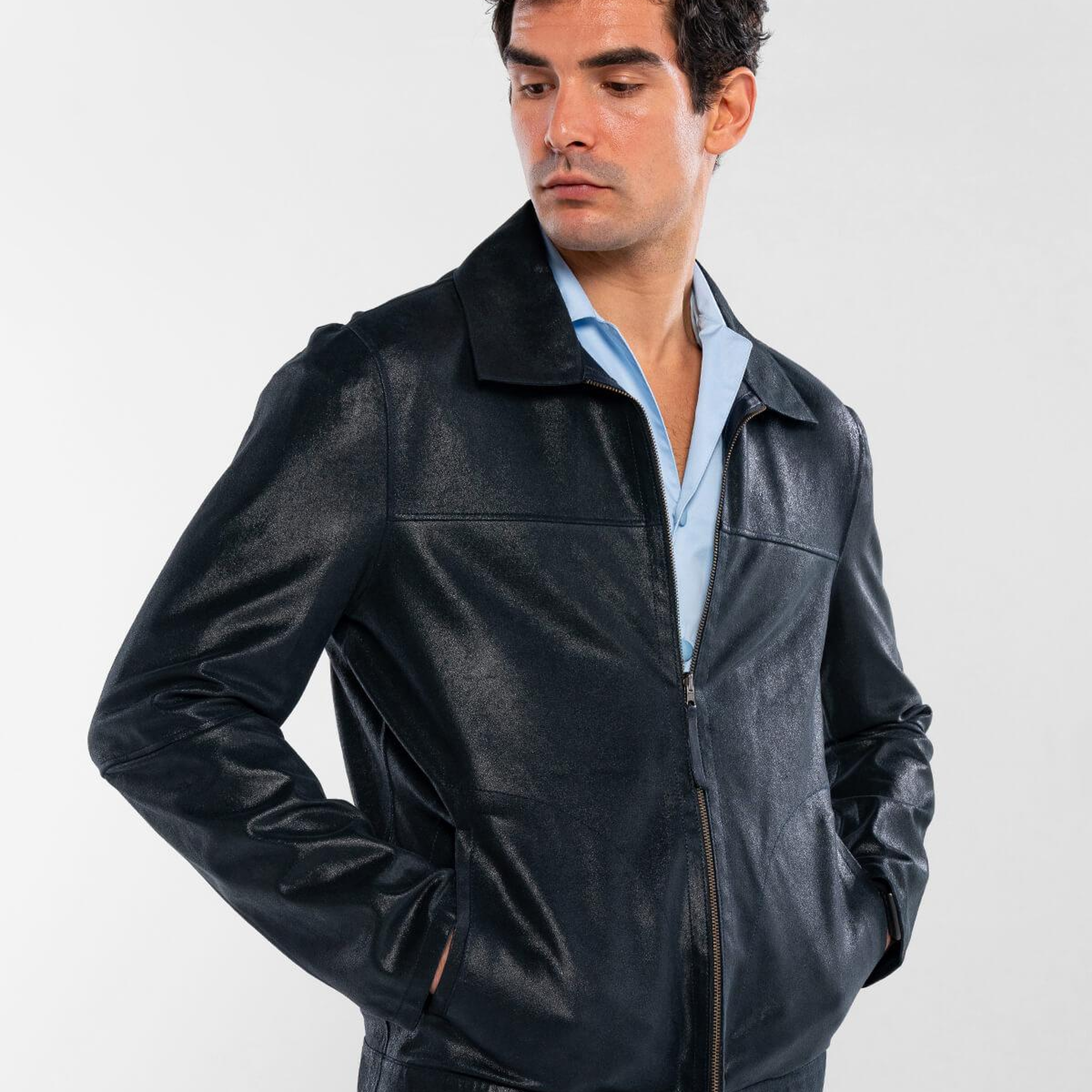 Tamer Tanca Erkek Hakiki Deri Lacivert Deri Mont