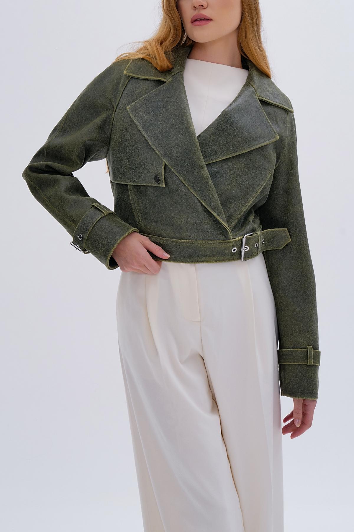 Valmenti Kadın Hakiki Deri Yeşil Deri Mont