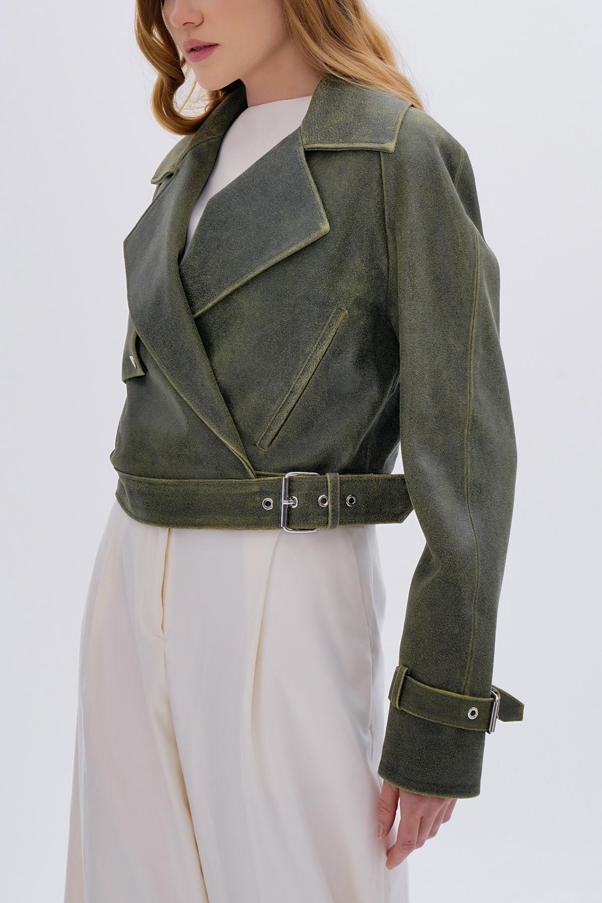 Valmenti Kadın Hakiki Deri Yeşil Deri Mont