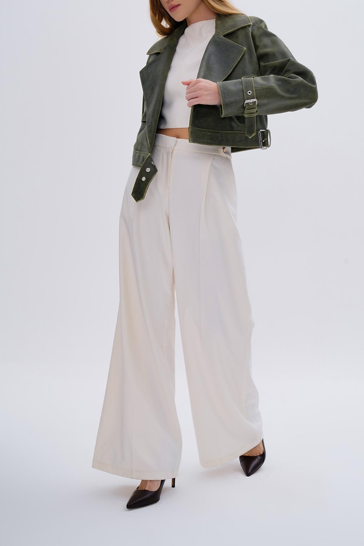 Valmenti Kadın Hakiki Deri Yeşil Deri Mont