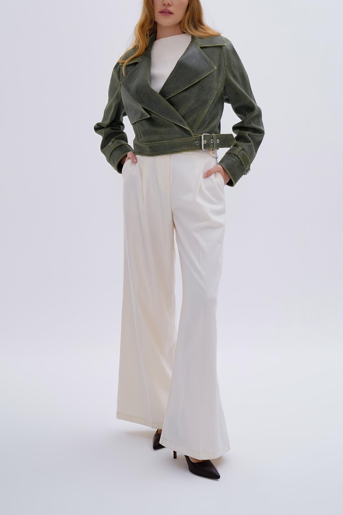 Valmenti Kadın Hakiki Deri Yeşil Deri Mont