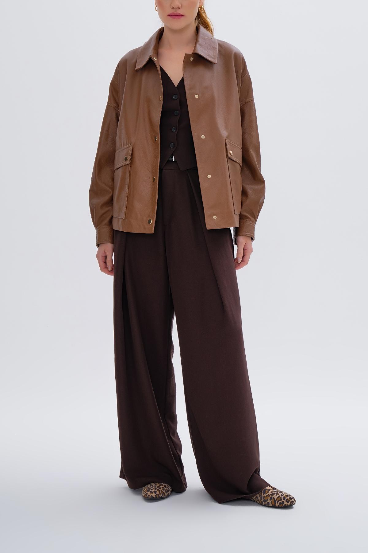 Valmenti Kadın Hakiki Deri Taba Mont