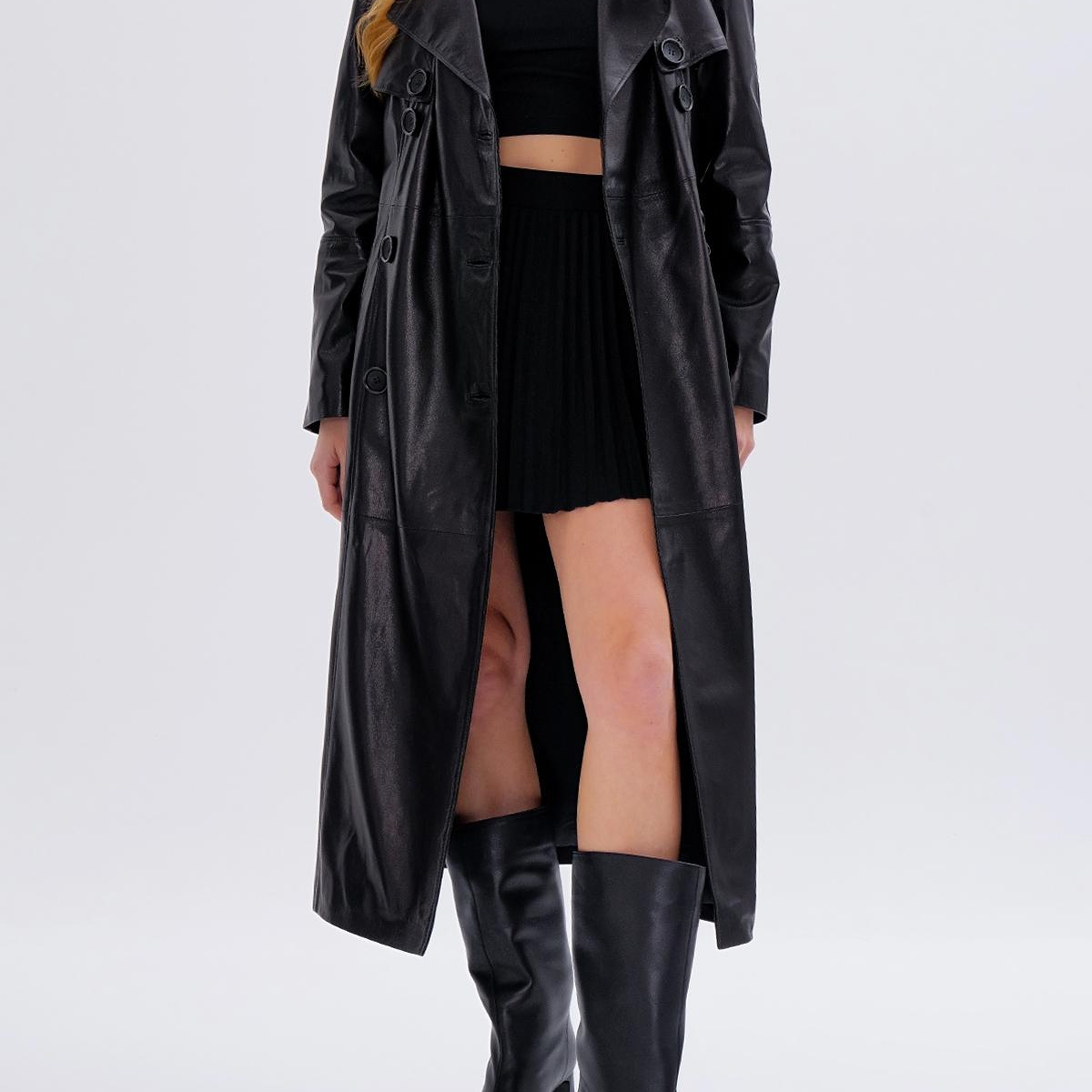 Valmenti Kadın Hakiki Deri Siyah Trençkot Deri Mont