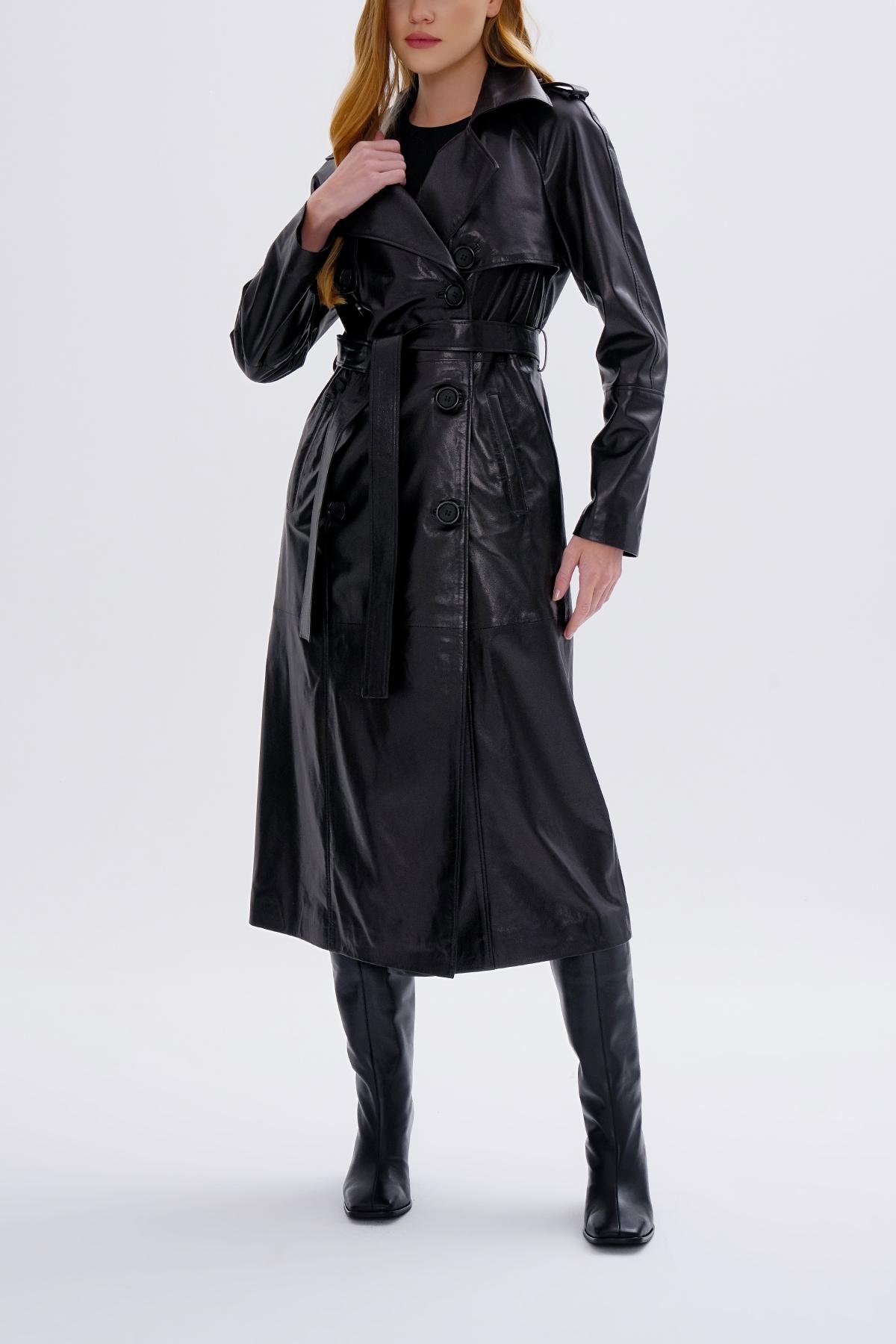 Valmenti Kadın Hakiki Deri Siyah Trençkot Deri Mont