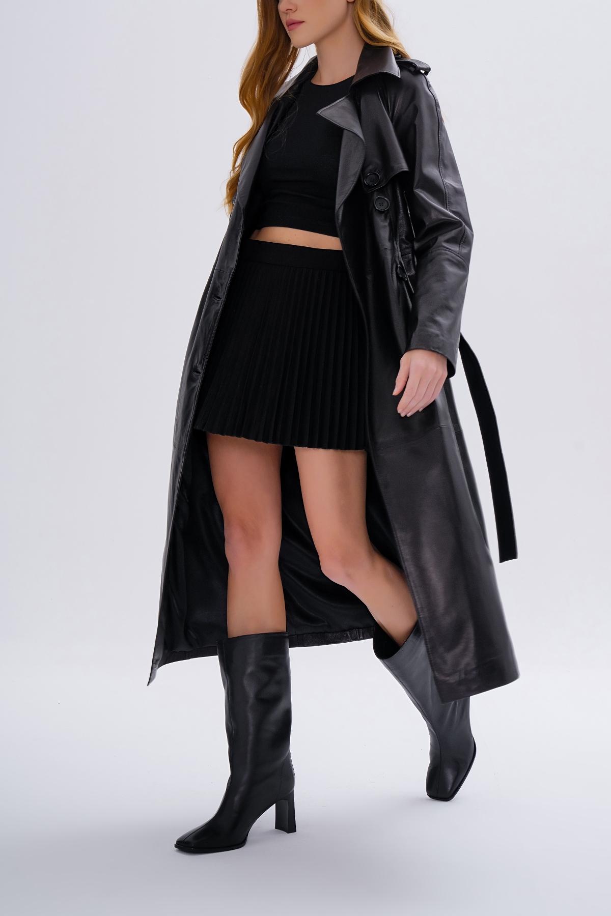 Valmenti Kadın Hakiki Deri Siyah Trençkot Deri Mont