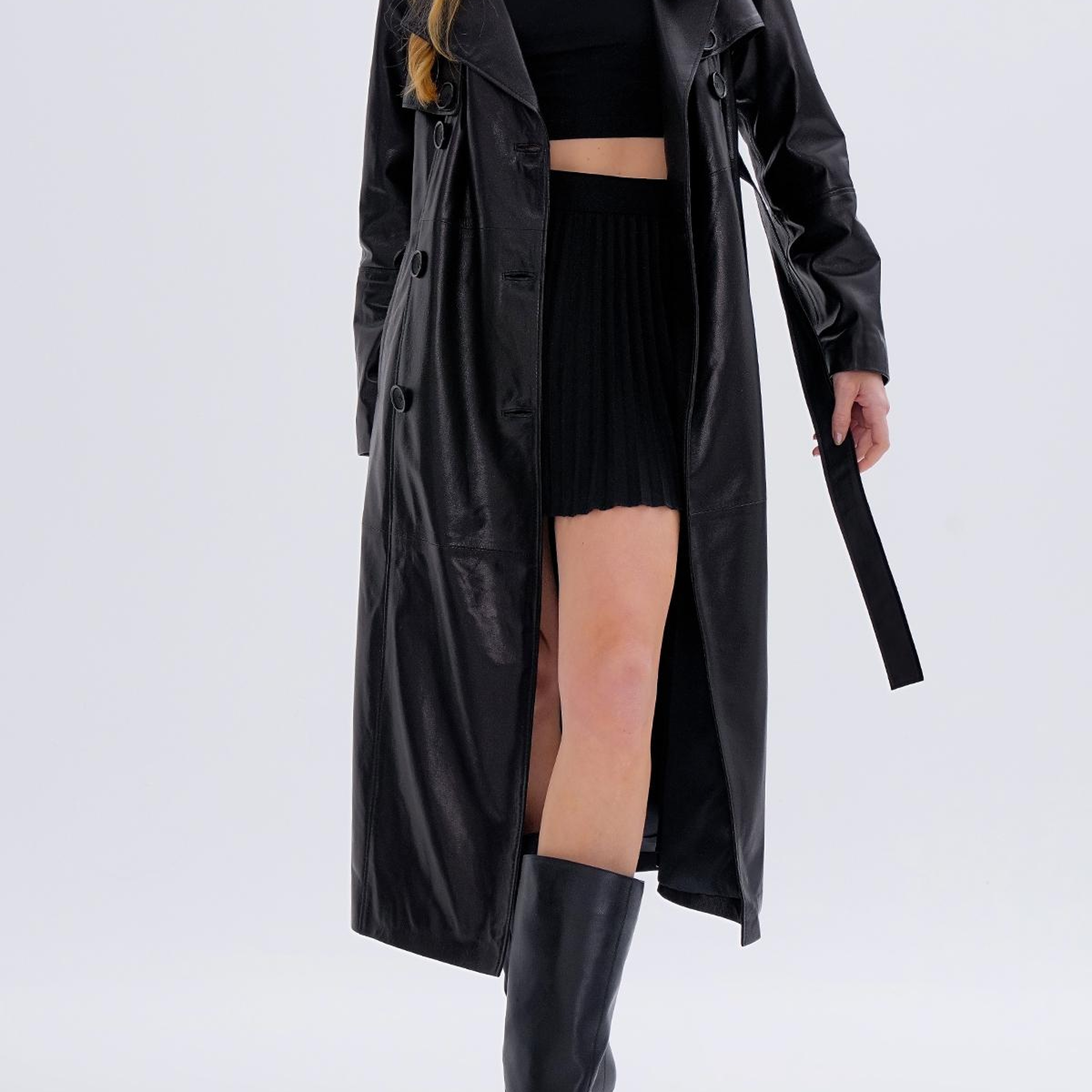 Valmenti Kadın Hakiki Deri Siyah Trençkot Deri Mont