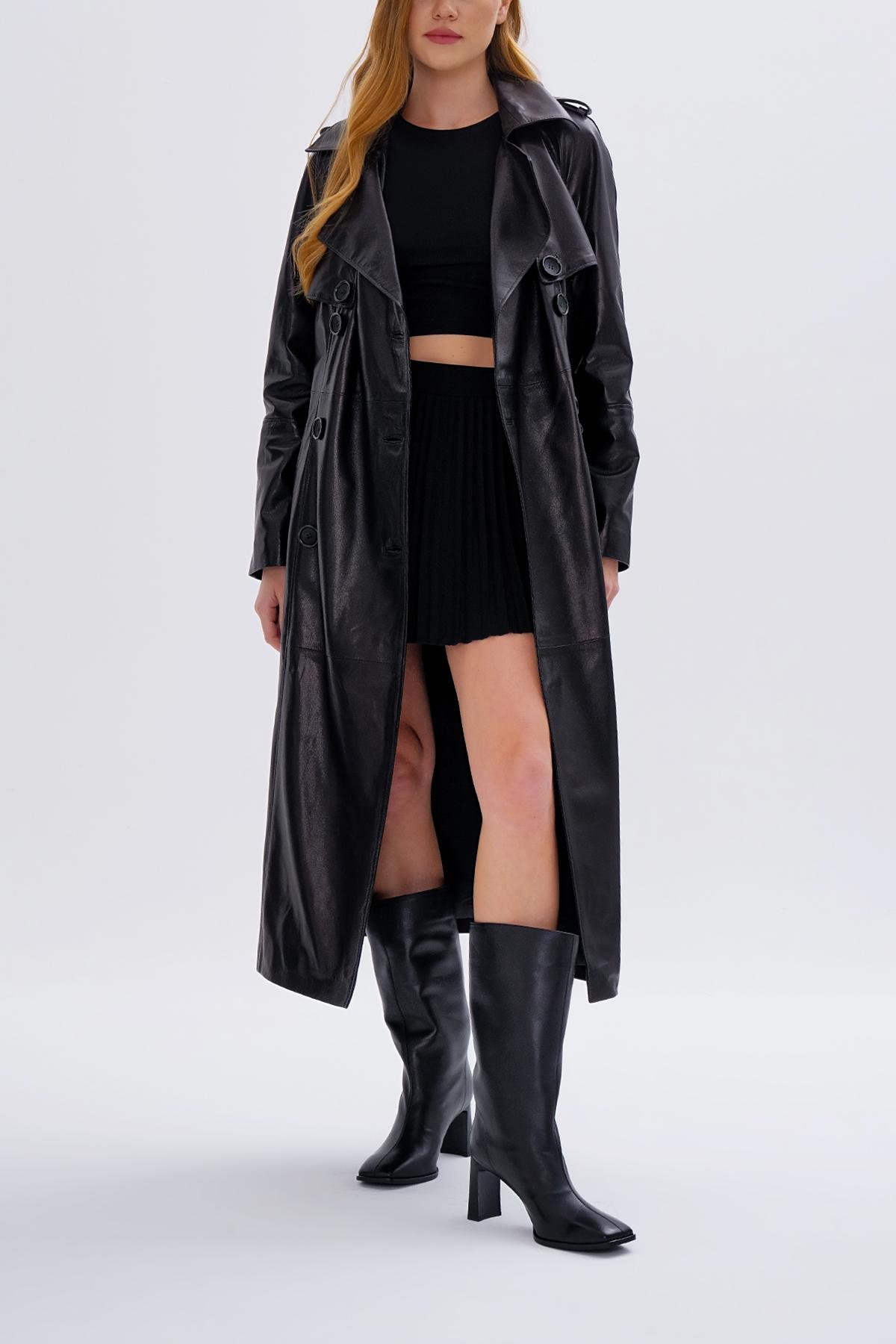 Valmenti Kadın Hakiki Deri Siyah Trençkot Deri Mont