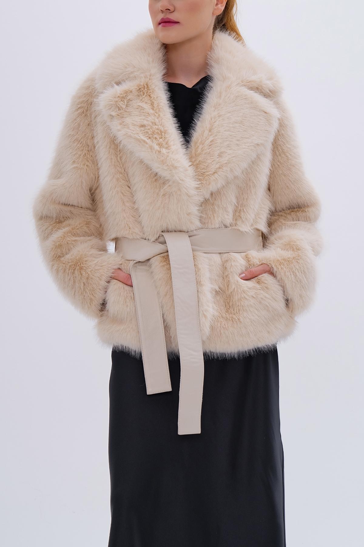 Valmenti Kadın Tekstil Bej KURK Deri Mont