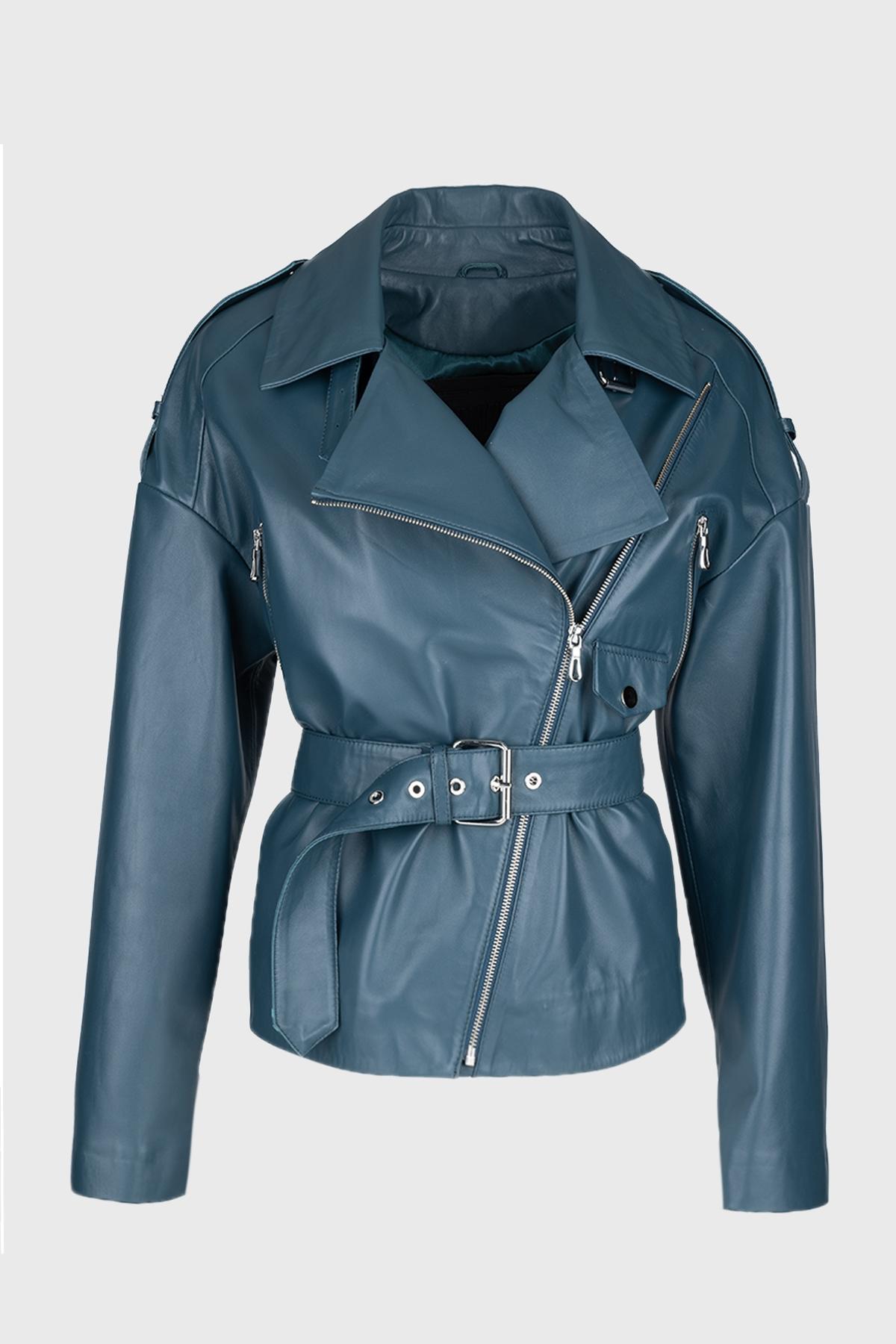 Valmenti Kadın Hakiki Deri Petrol Mont