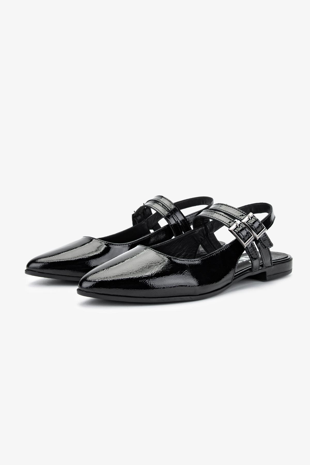 Valmenti Kadın Hakiki Deri Siyah Kırışık Rugan Babet Ayakkabı