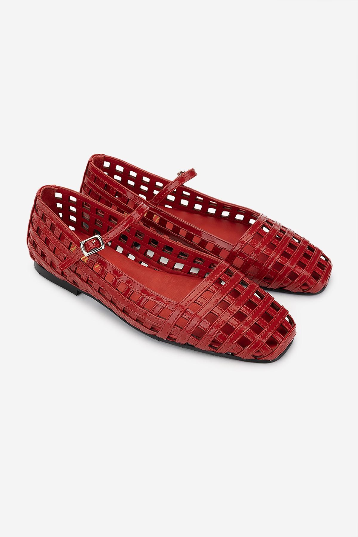 Valmenti Kadın Hakiki Deri Kırmızı Rugan Babet Ayakkabı