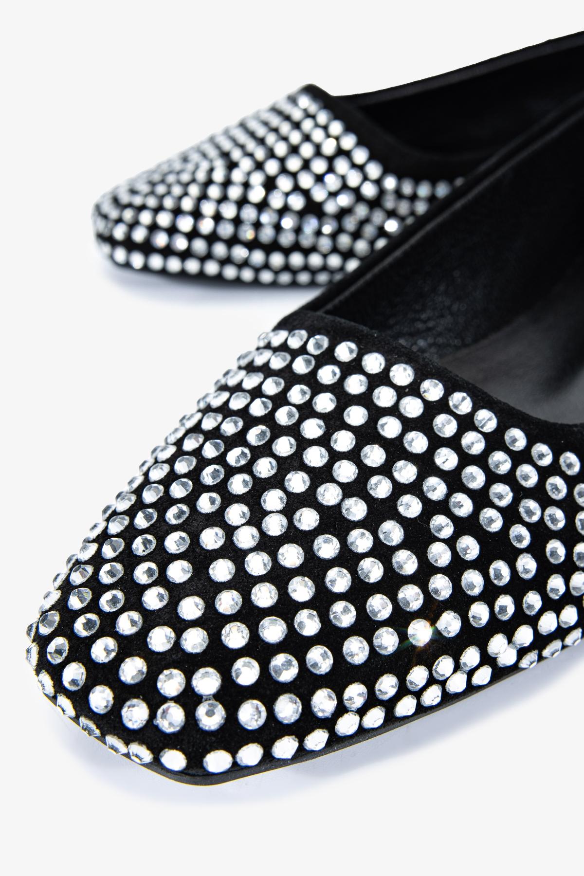 Valmenti Kadın Hakiki Deri Siyah/Beyaz Taş Babet Ayakkabı