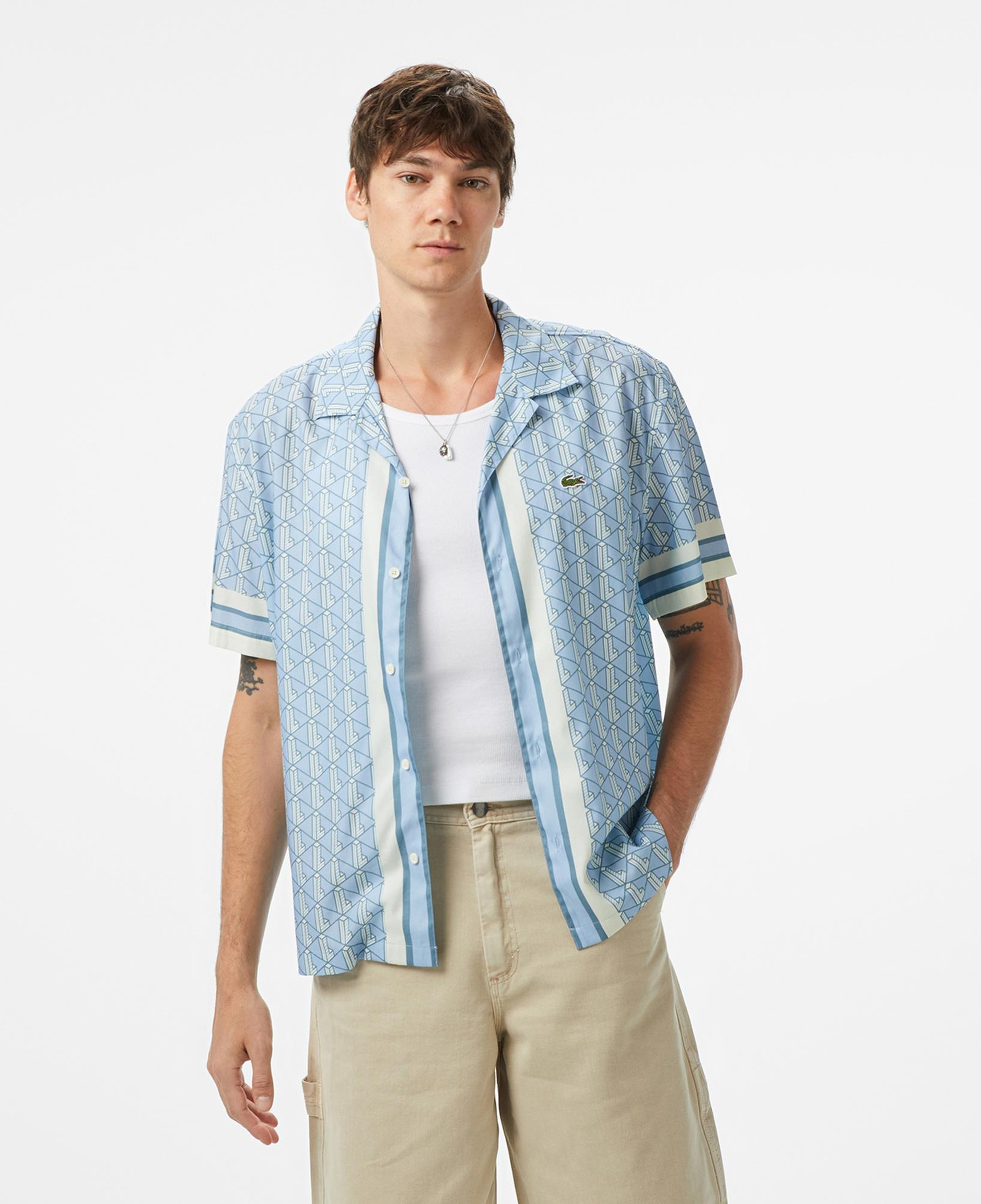 Lacoste Erkek Relaxed Fit Kısa Kollu Monogram Mavi Gömlek