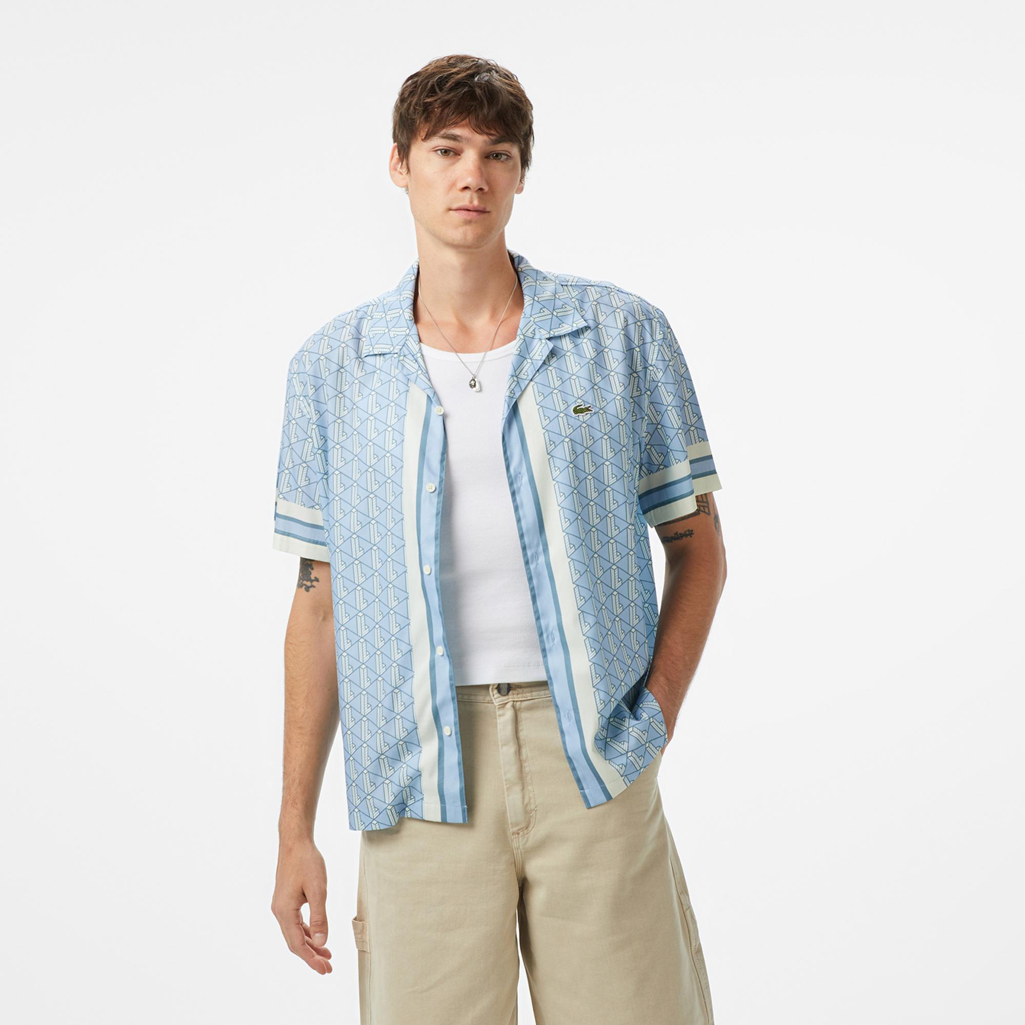 Lacoste Erkek Relaxed Fit Kısa Kollu Monogram Mavi Gömlek