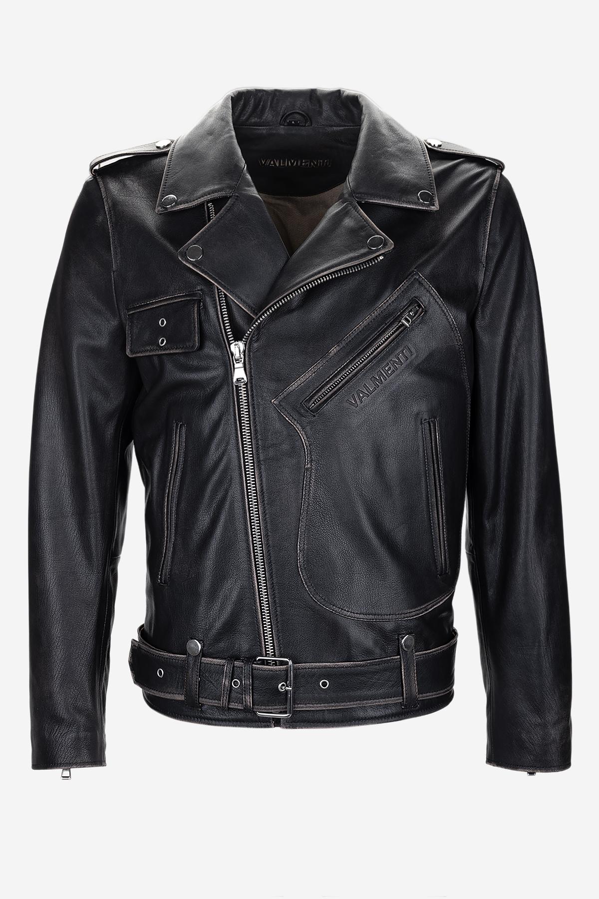 Valmenti Erkek Hakiki Deri Siyah Eskitme Deri Mont
