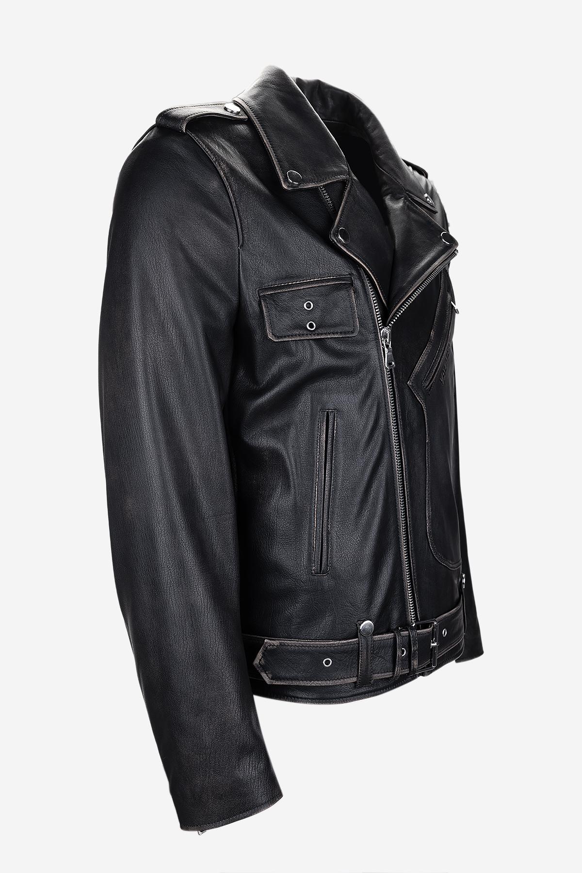 Valmenti Erkek Hakiki Deri Siyah Eskitme Deri Mont