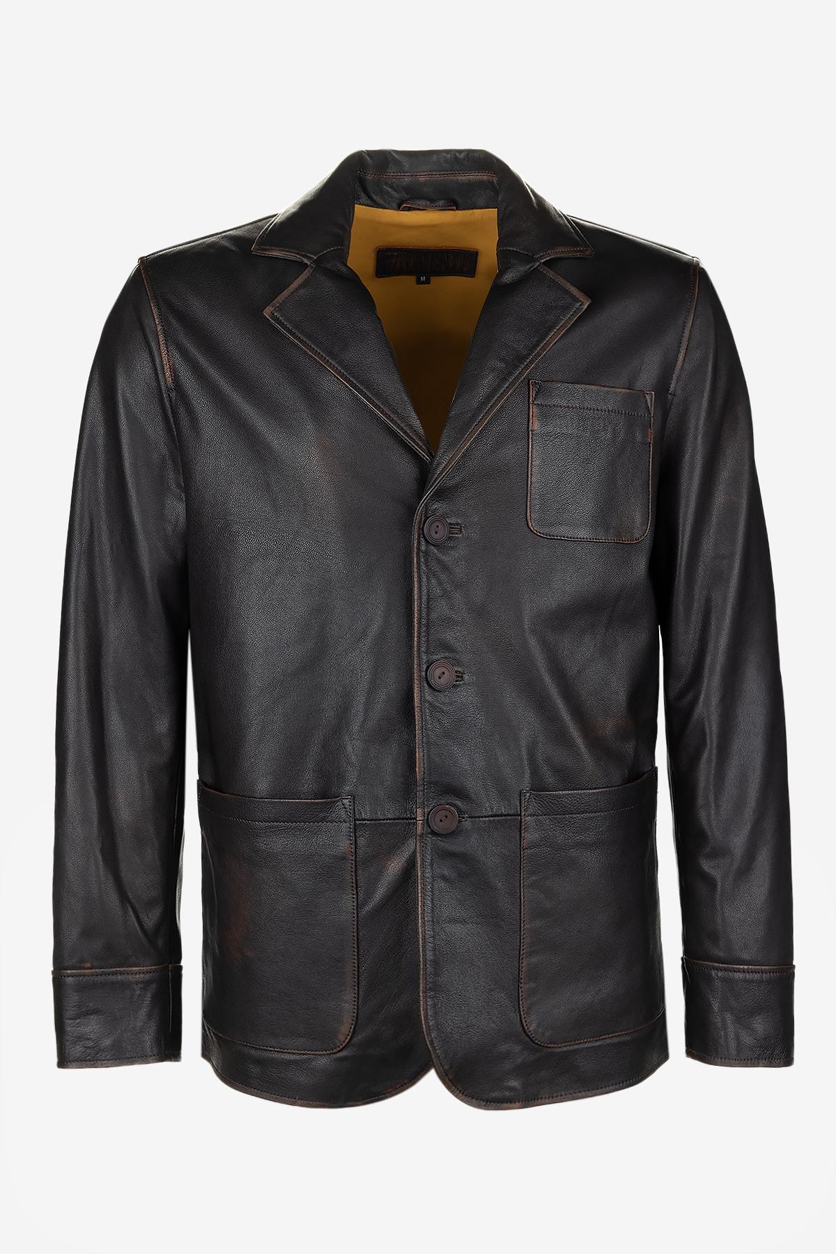 Valmenti Erkek Hakiki Deri Kızıl Eskitme Deri Mont