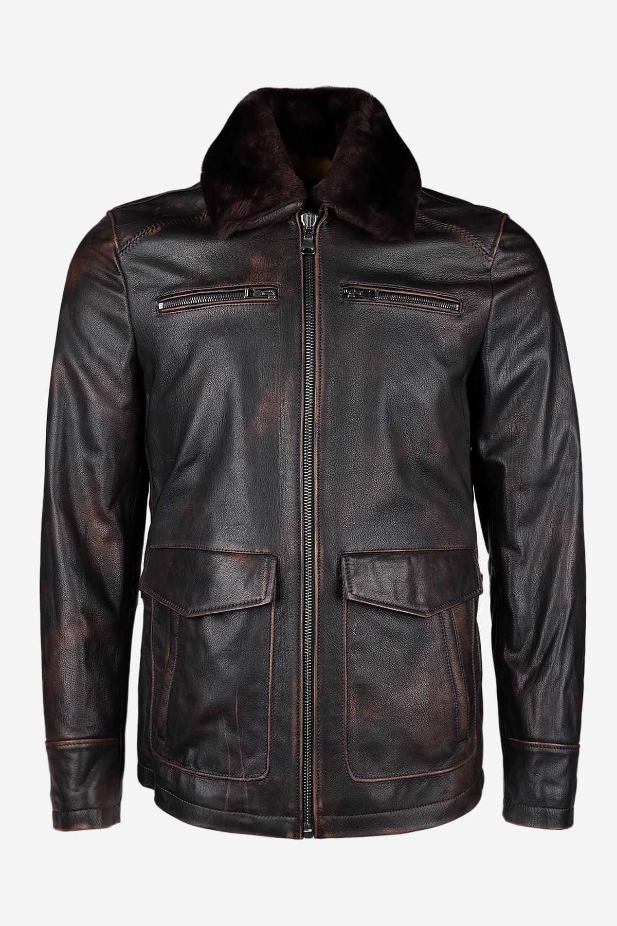 Valmenti Erkek Hakiki Deri Kızıl Eskitme Deri Mont