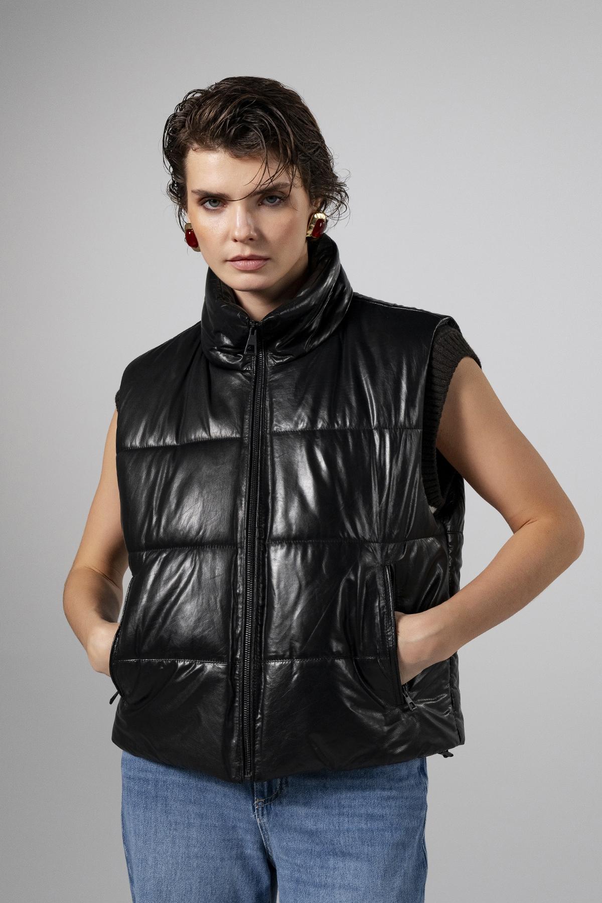 Valmenti Kadın Hakiki Deri Siyah Yelek Deri Mont