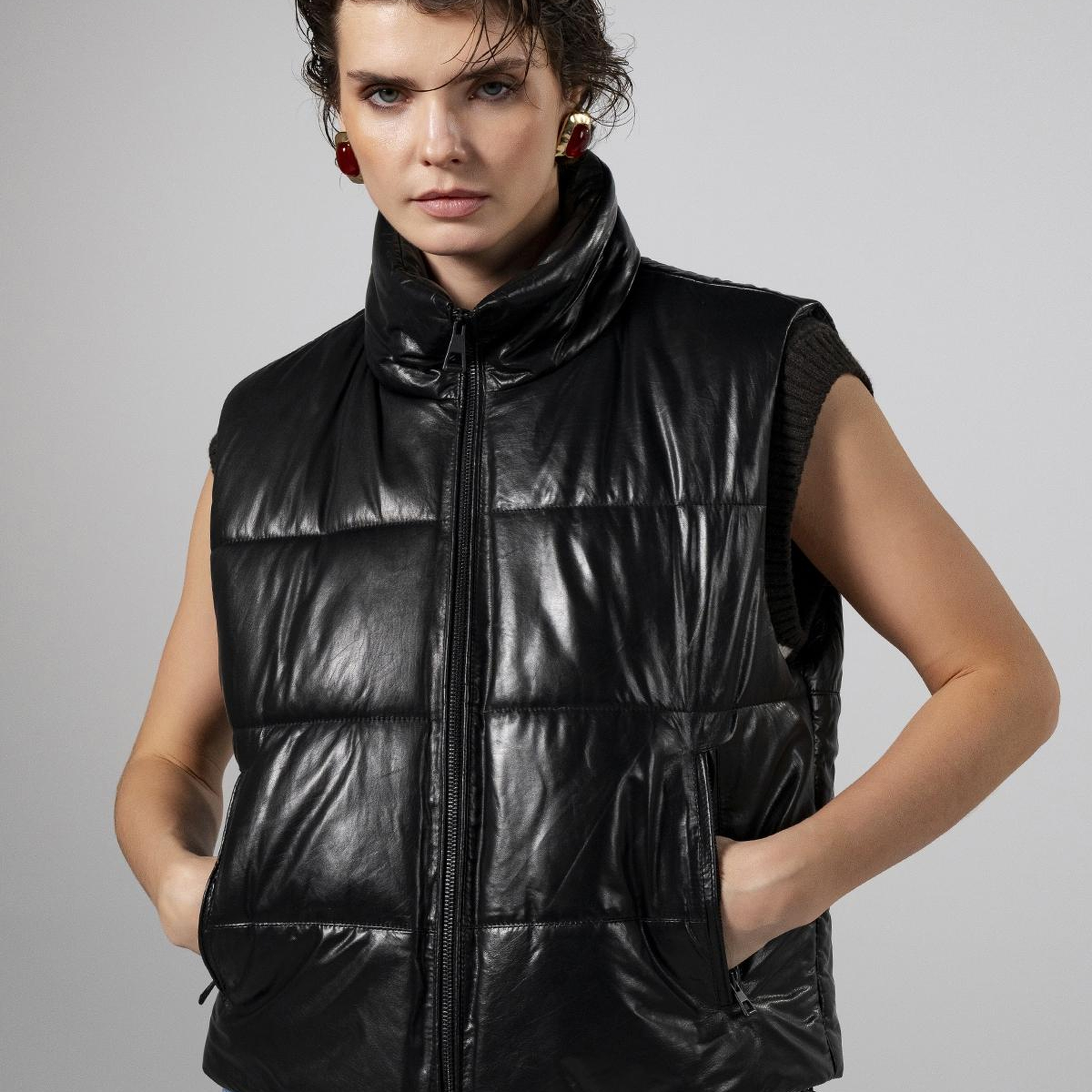 Valmenti Kadın Hakiki Deri Siyah Yelek Deri Mont