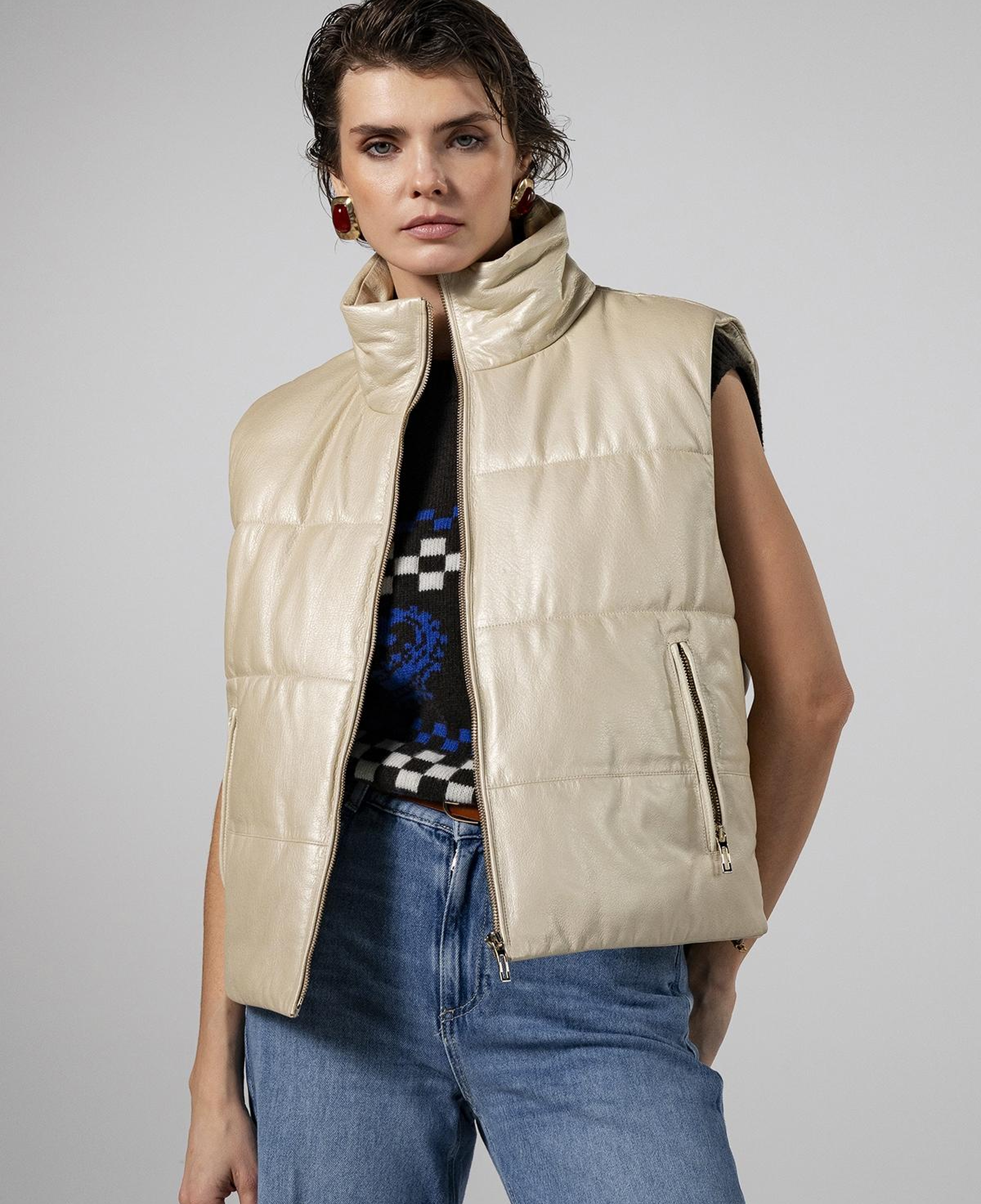 Valmenti Kadın Hakiki Deri Bej Yelek Deri Mont