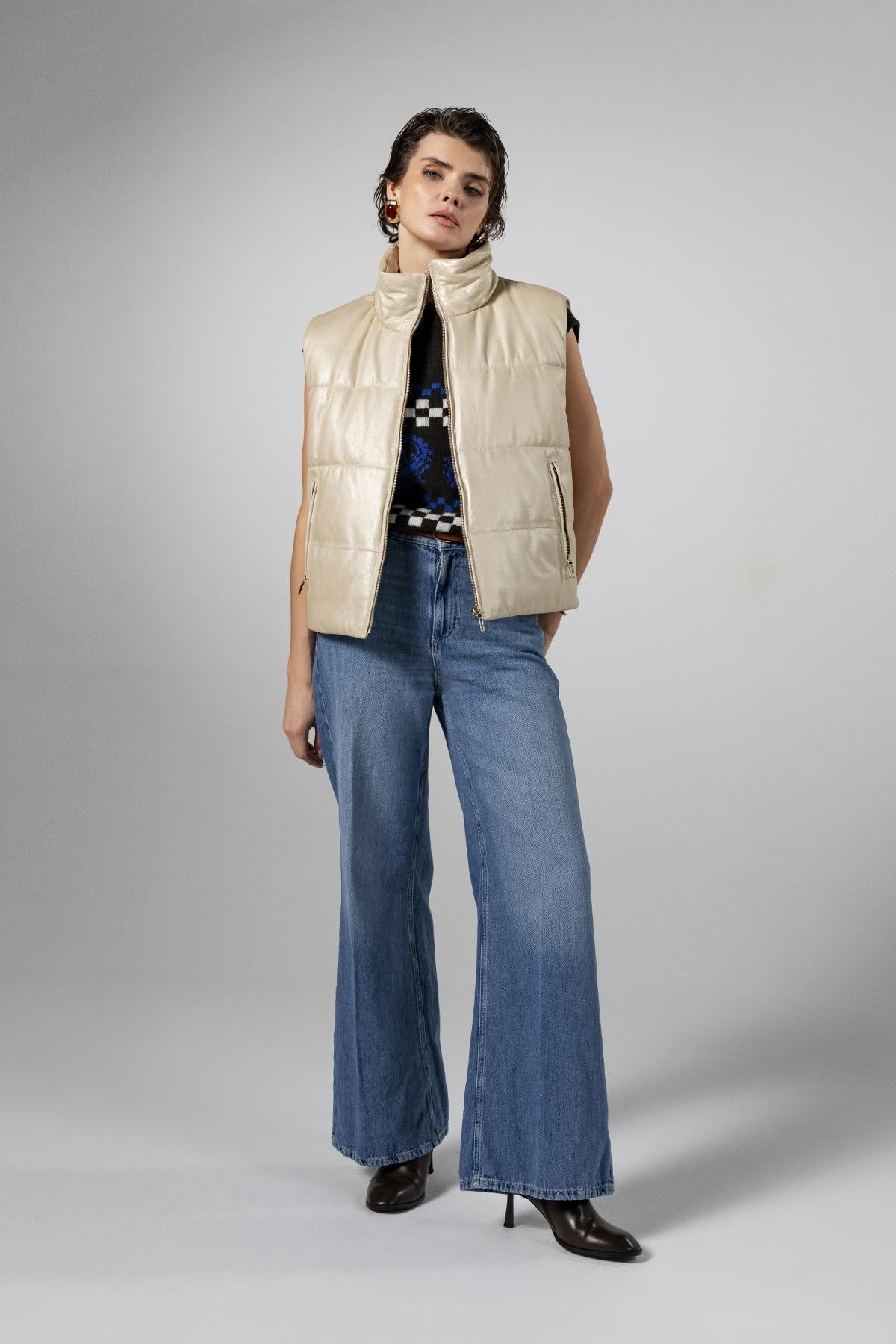 Valmenti Kadın Hakiki Deri Bej Yelek Deri Mont