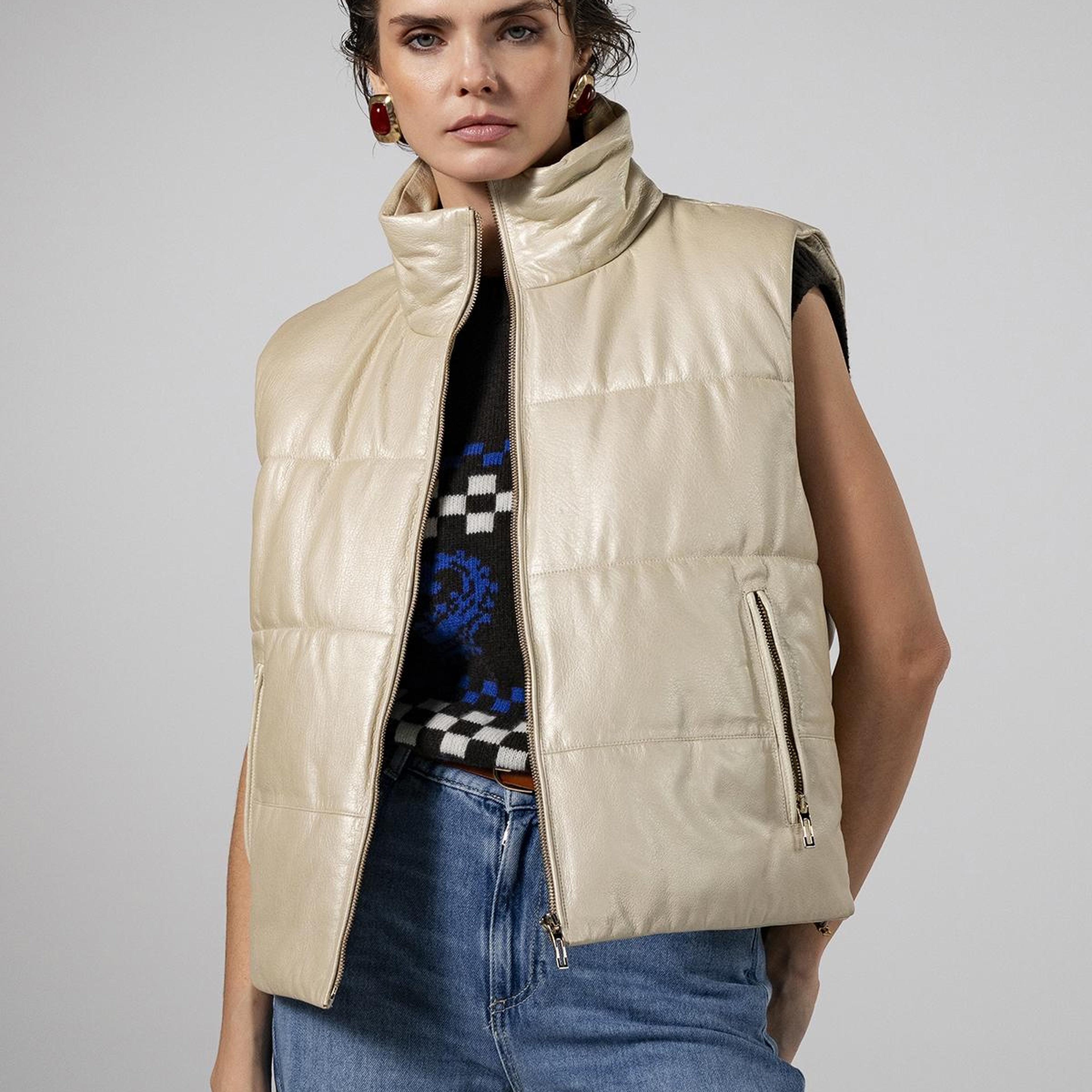 Valmenti Kadın Hakiki Deri Bej Yelek Deri Mont