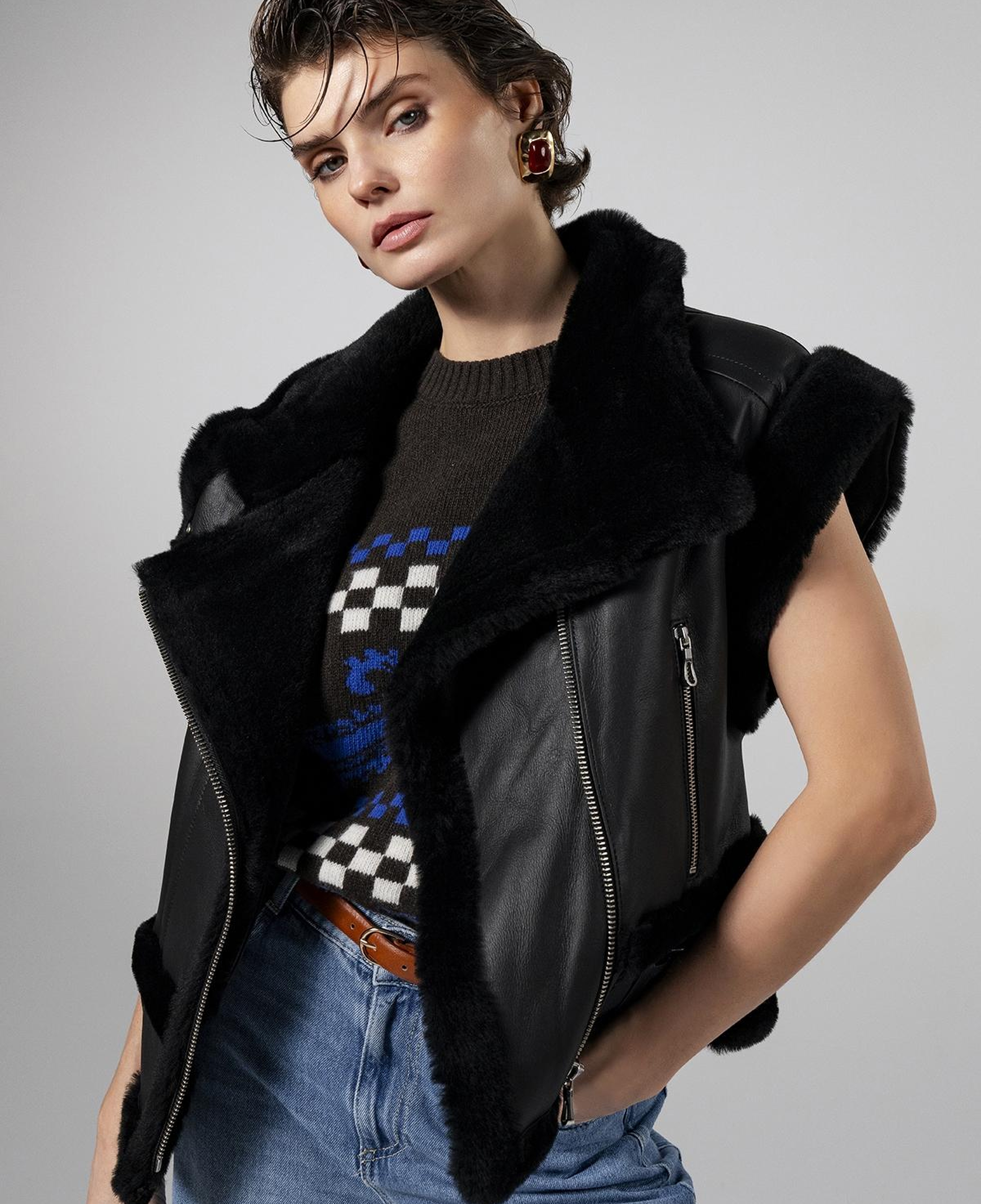 Valmenti Kadın Kürk Siyah Yelek Deri Mont