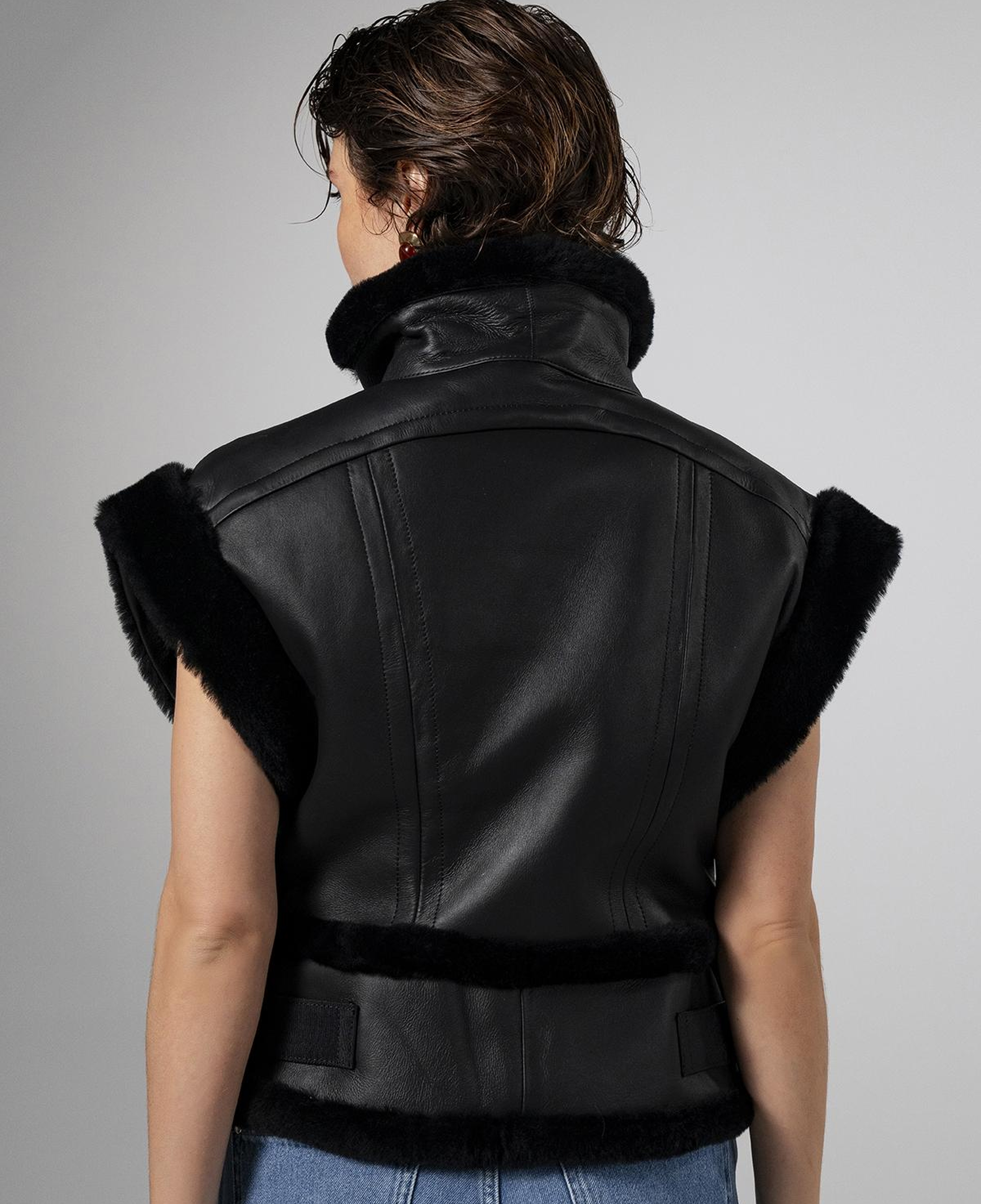 Valmenti Kadın Kürk Siyah Yelek Deri Mont