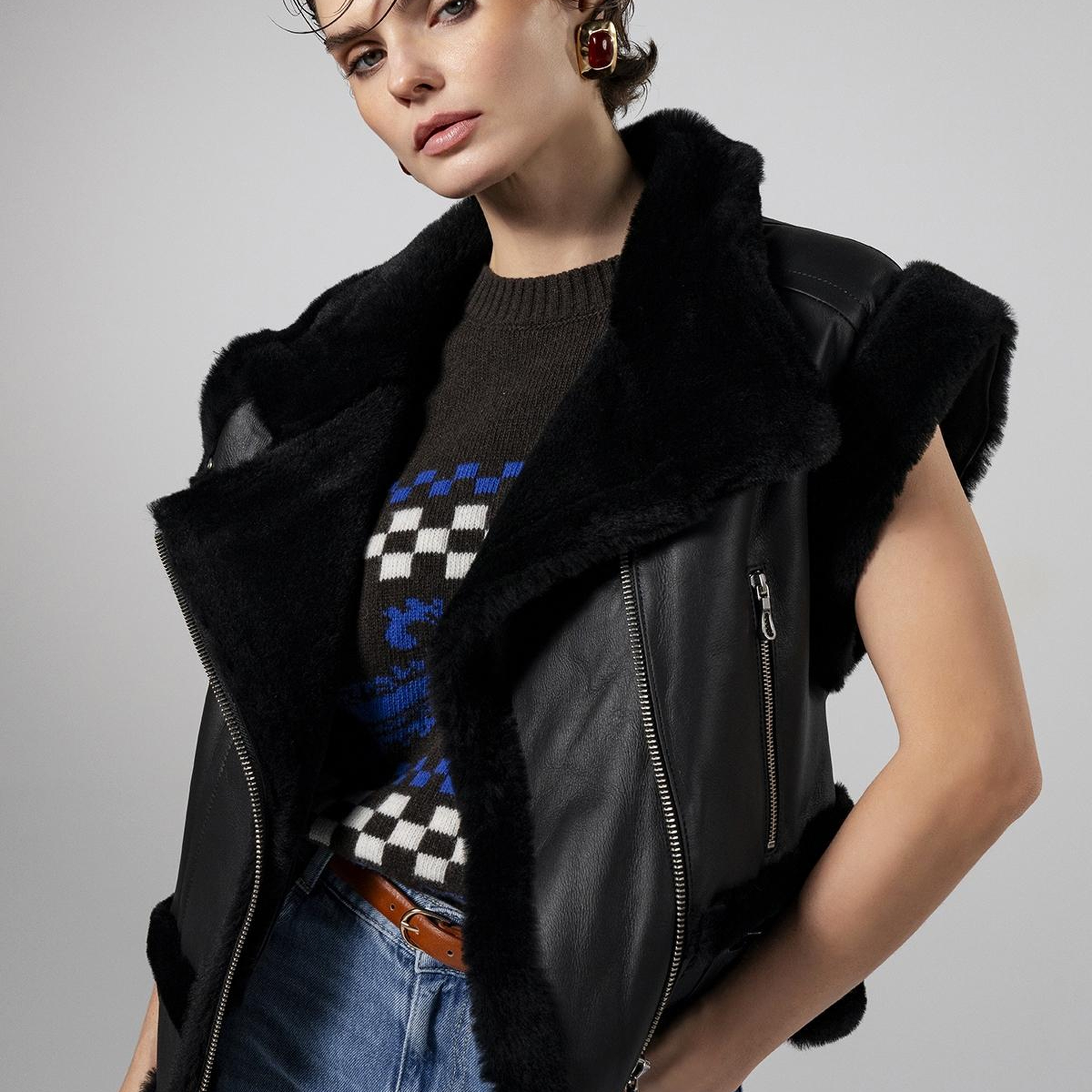 Valmenti Kadın Kürk Siyah Yelek Deri Mont