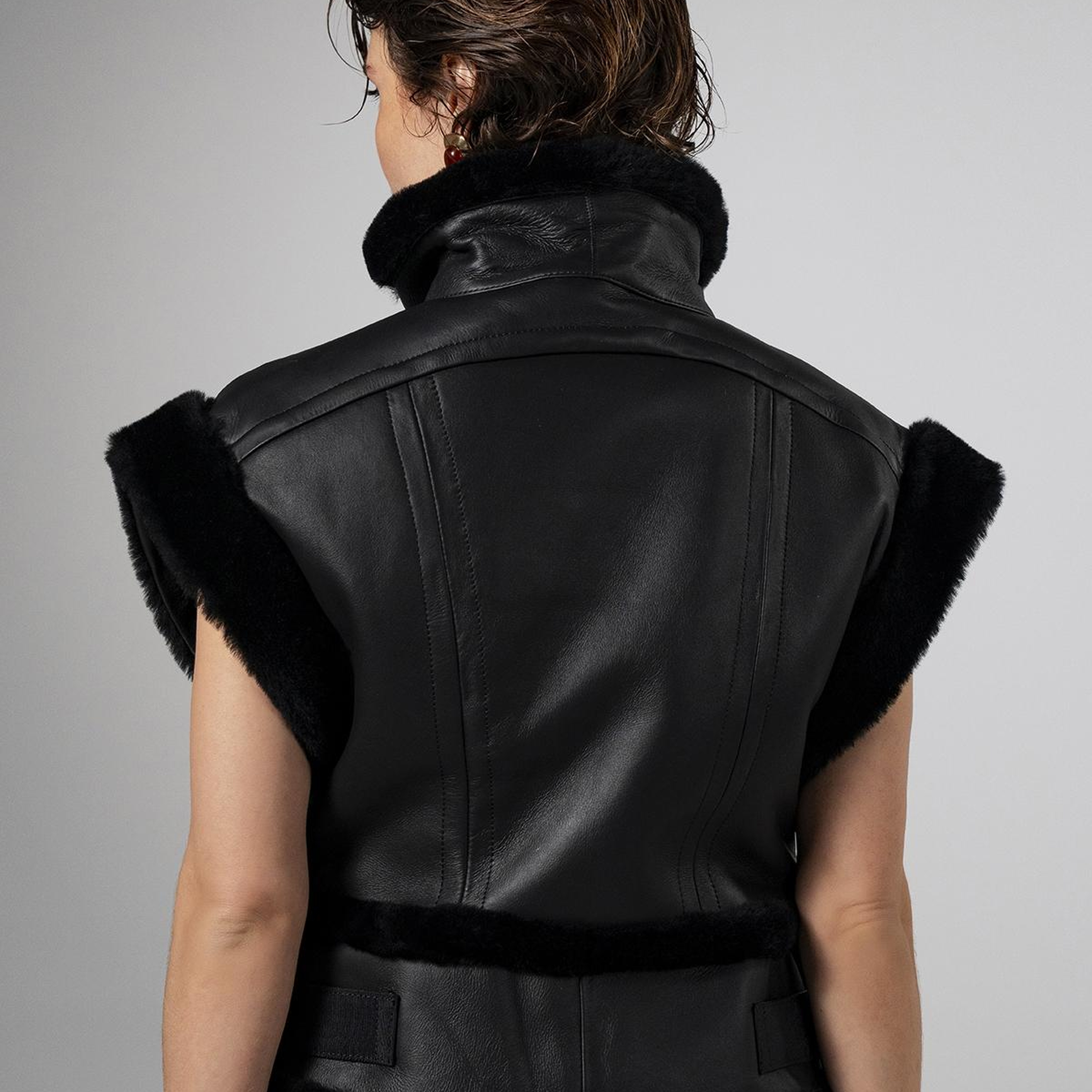 Valmenti Kadın Kürk Siyah Yelek Deri Mont