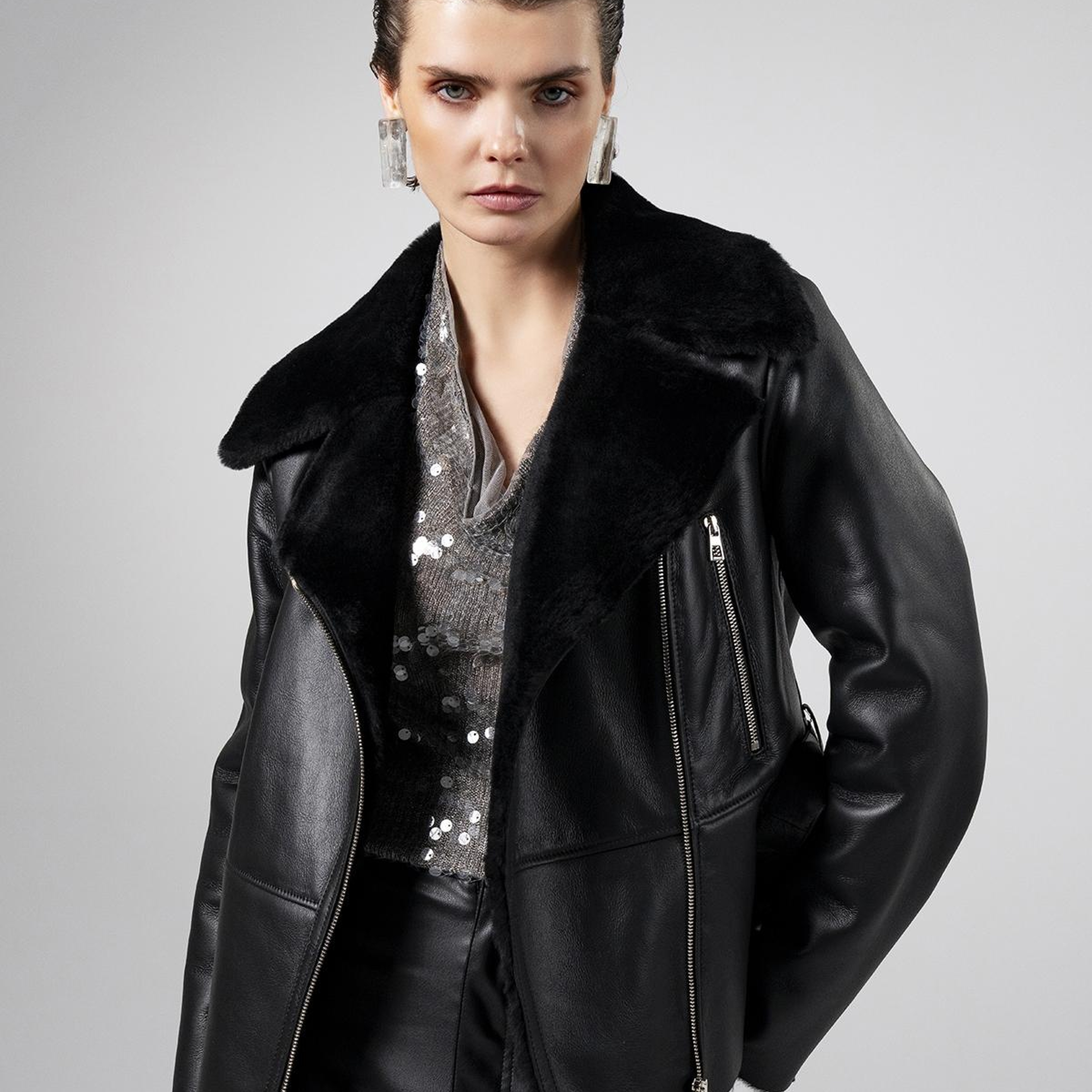 Valmenti Kadın Kuzu Kürk Siyah Kaban