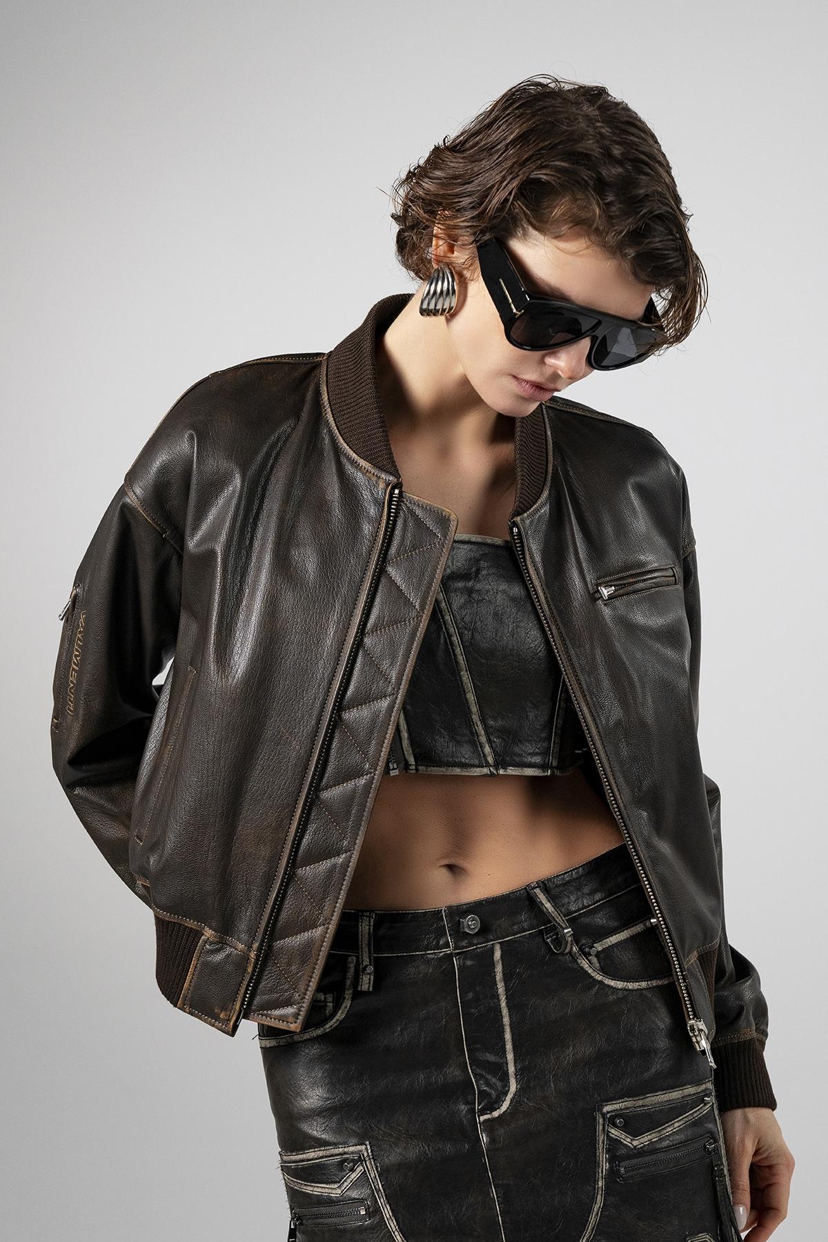 Valmenti Kadın Hakiki Deri Kahverengi Deri Mont